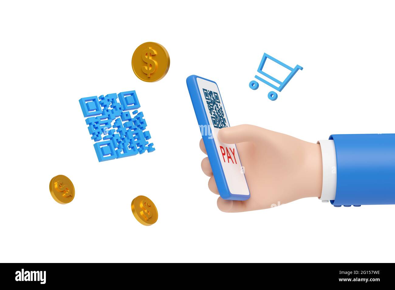 Cartoon-Handzahlung mit einem Mobiltelefon und QR-Code auf weißem Hintergrund isoliert. 3d-Abrundung. Stockfoto