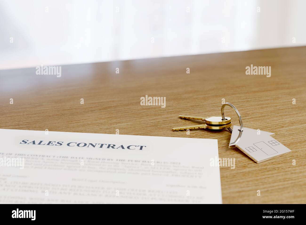 Schlüsselanhänger in Form eines Hauses neben einem Vertrag. Immobilienkaufkonzept. 3d-Illustration. Stockfoto