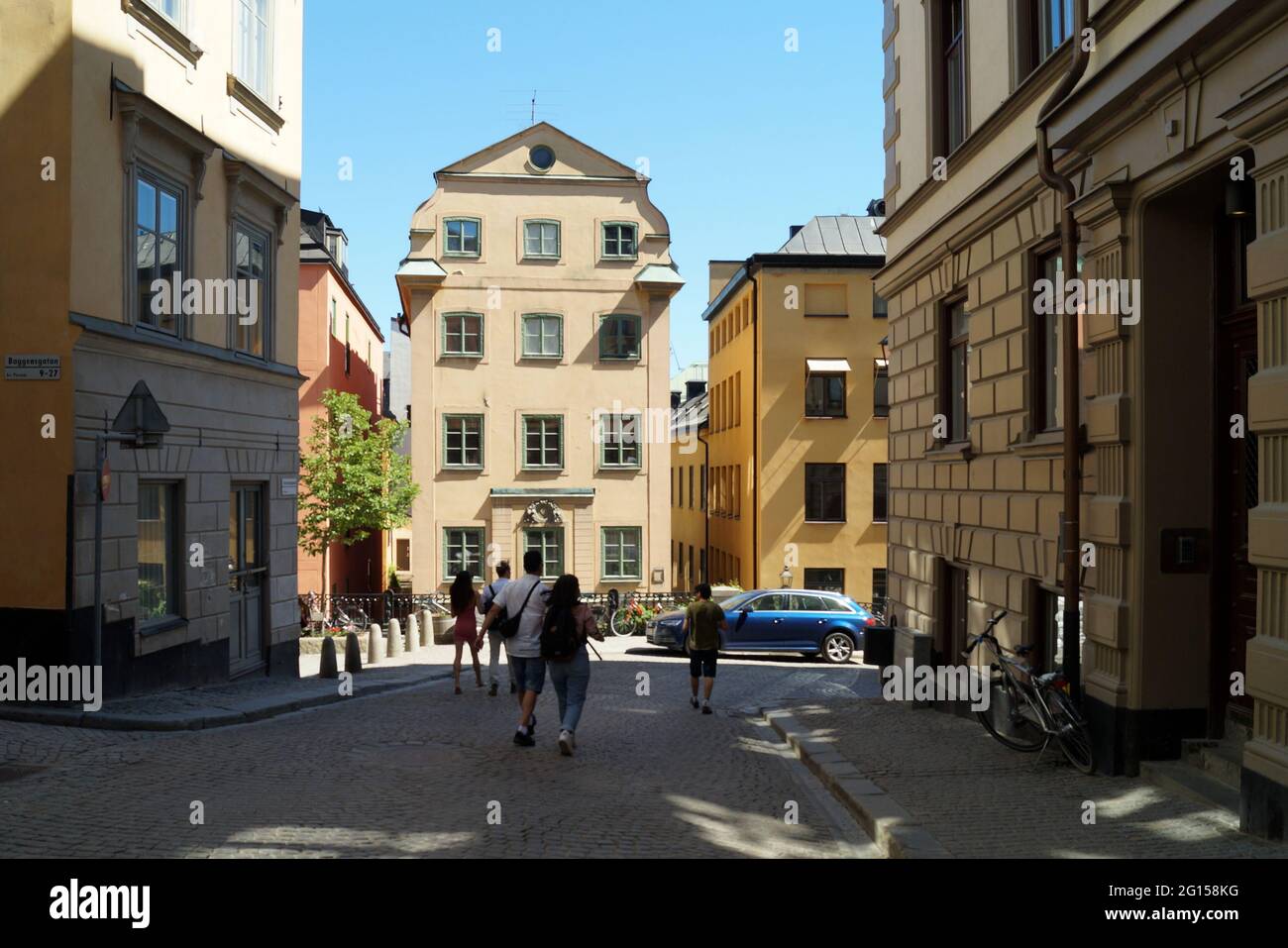 Straßenszene in Gamla Stan, Altstadt, Luna-Viertel, Ecke Baggensgatan und Svartmannatan, Stockholm, Schweden Stockfoto