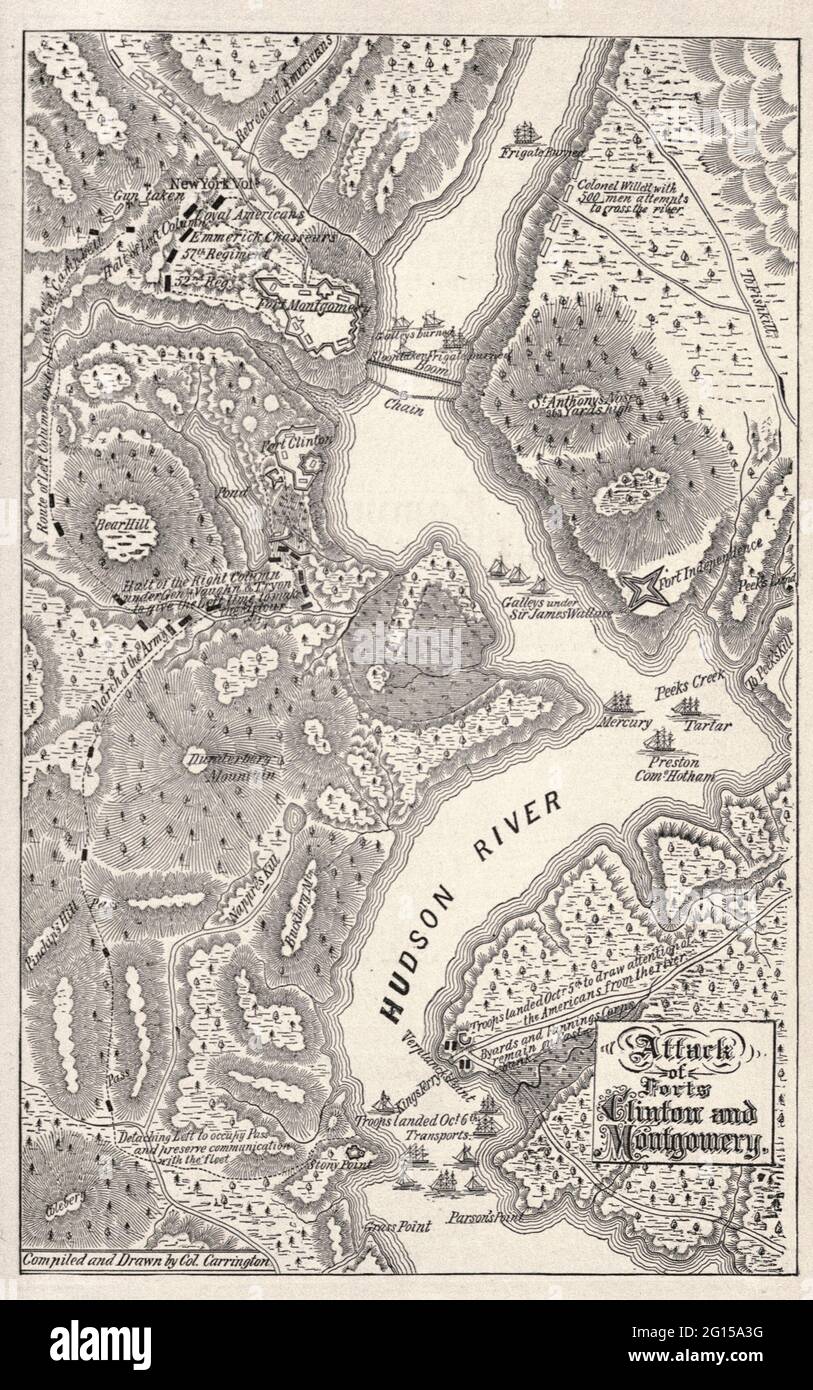 Karte des Angriffs auf die Forts Clinton und Montgomery während der amerikanischen Revolution Stockfoto