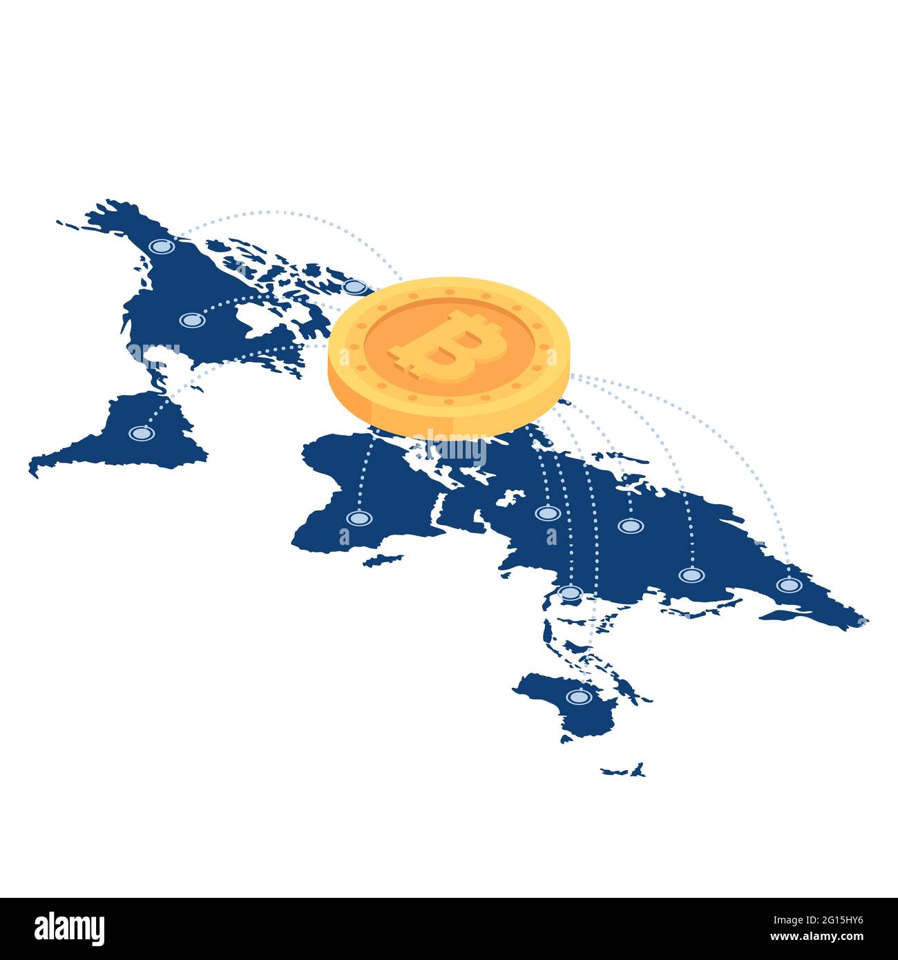 Flaches 3d-Isometrisches Bitcoin-Netzwerk über der Weltkarte. Kryptowährung und Blockchain-Technologiekonzept. Stock Vektor