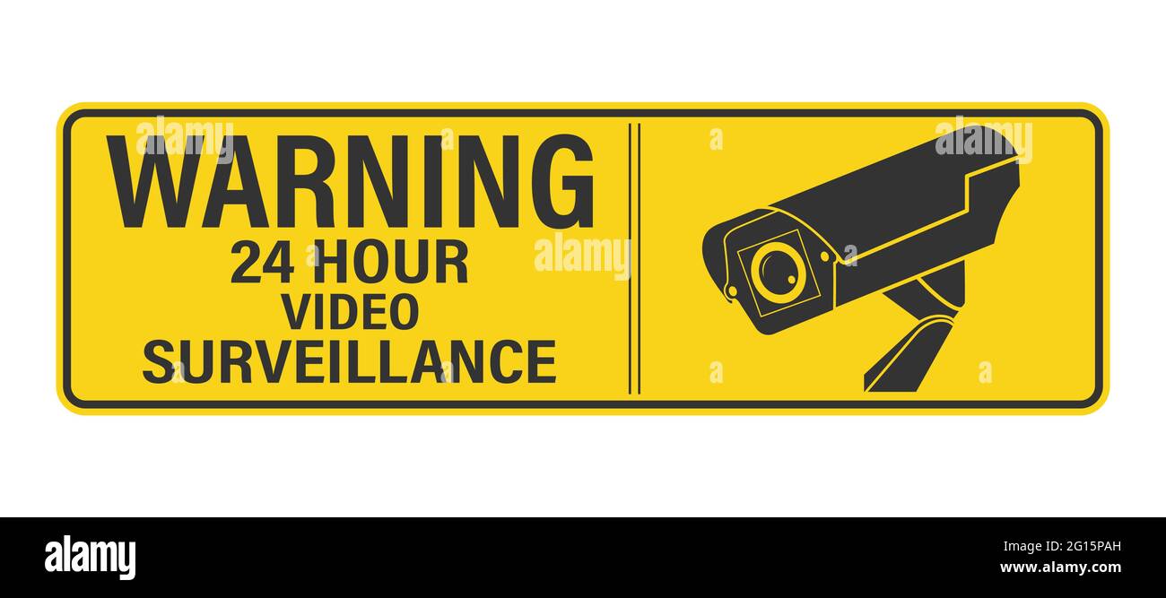 WARNUNG 24-Stunden-Videoüberwachung. Ein Schild, ein Schild oder ein Aufkleber mit einer Warnung vor einer rund-um-die-Uhr-Videoüberwachung. Flacher Style. Stock Vektor