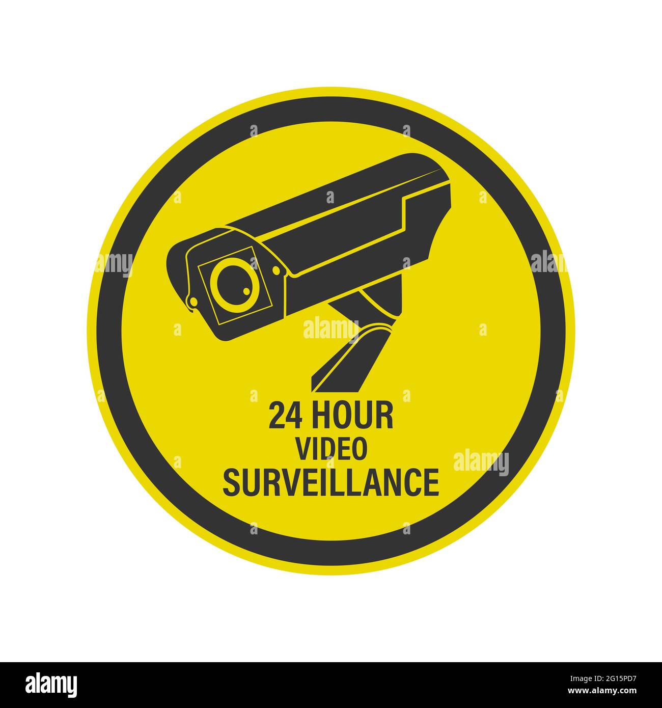 WARNUNG 24-Stunden-Videoüberwachung. Ein Schild, ein Schild oder ein Aufkleber mit einer Warnung vor einer rund-um-die-Uhr-Videoüberwachung. Flacher Style. Stock Vektor