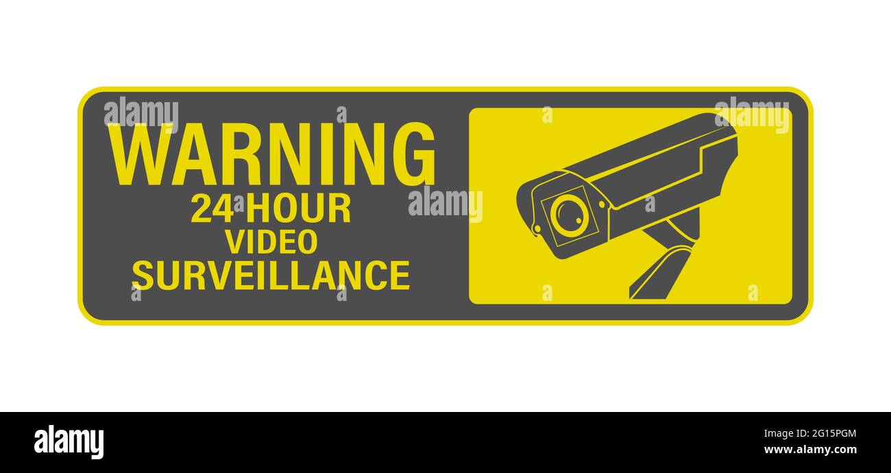 WARNUNG 24-Stunden-Videoüberwachung. Ein Schild, ein Schild oder ein Aufkleber mit einer Warnung vor einer rund-um-die-Uhr-Videoüberwachung. Flacher Style. Stock Vektor