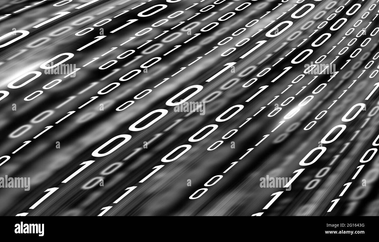 LED-Licht Text Nummer eins und Null. Binärcode auf dem Bildschirm des Monitors. Technologie Grafik Design Hintergrund Stockfoto