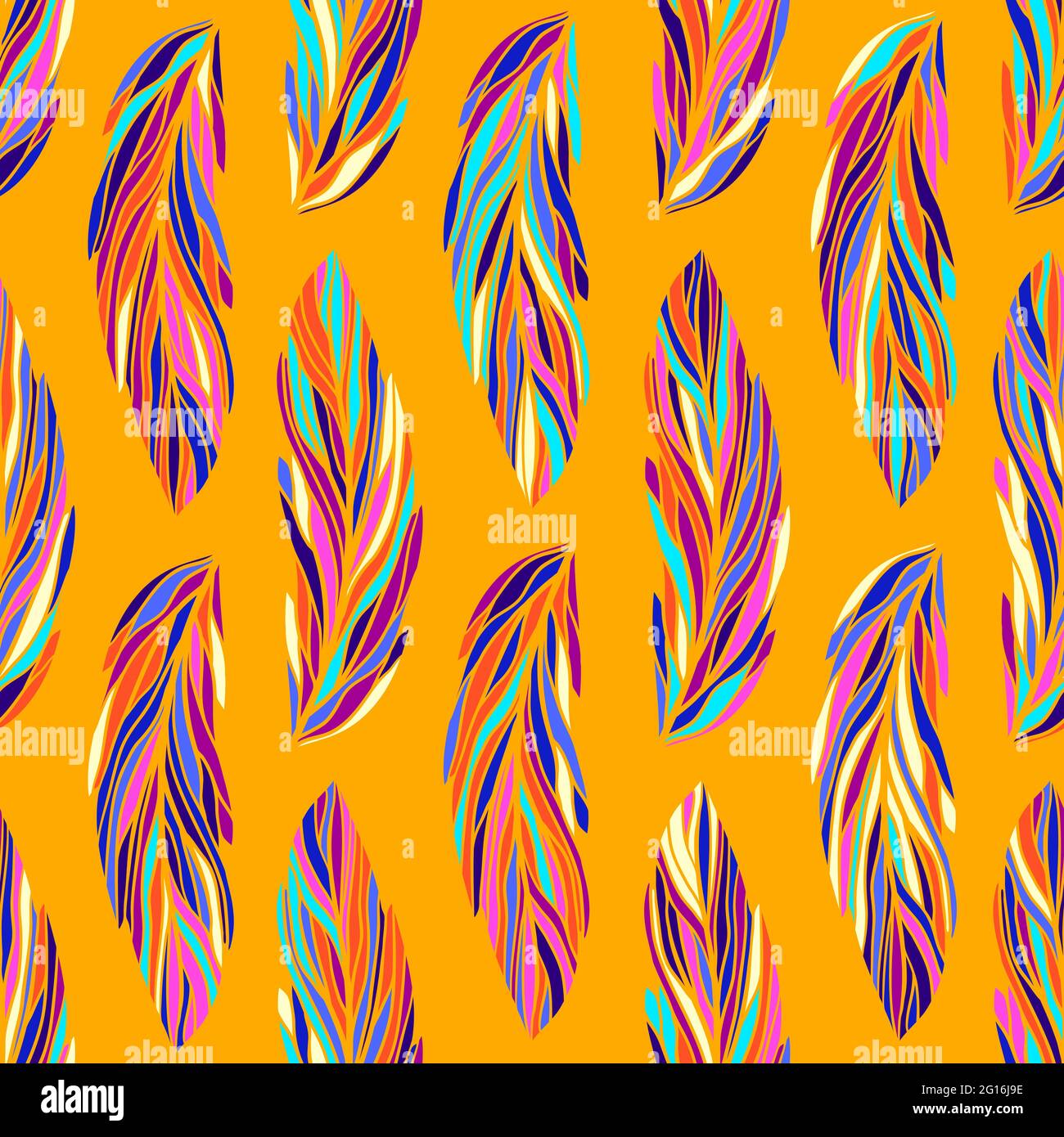 Bunte exotische tropische Vogelfedern, nahtloses Vektor-Muster. Verschiedene mehrfarbige Federn Vektor-Illustration, Boho-Stil. Gelb-orange festlich Stock Vektor