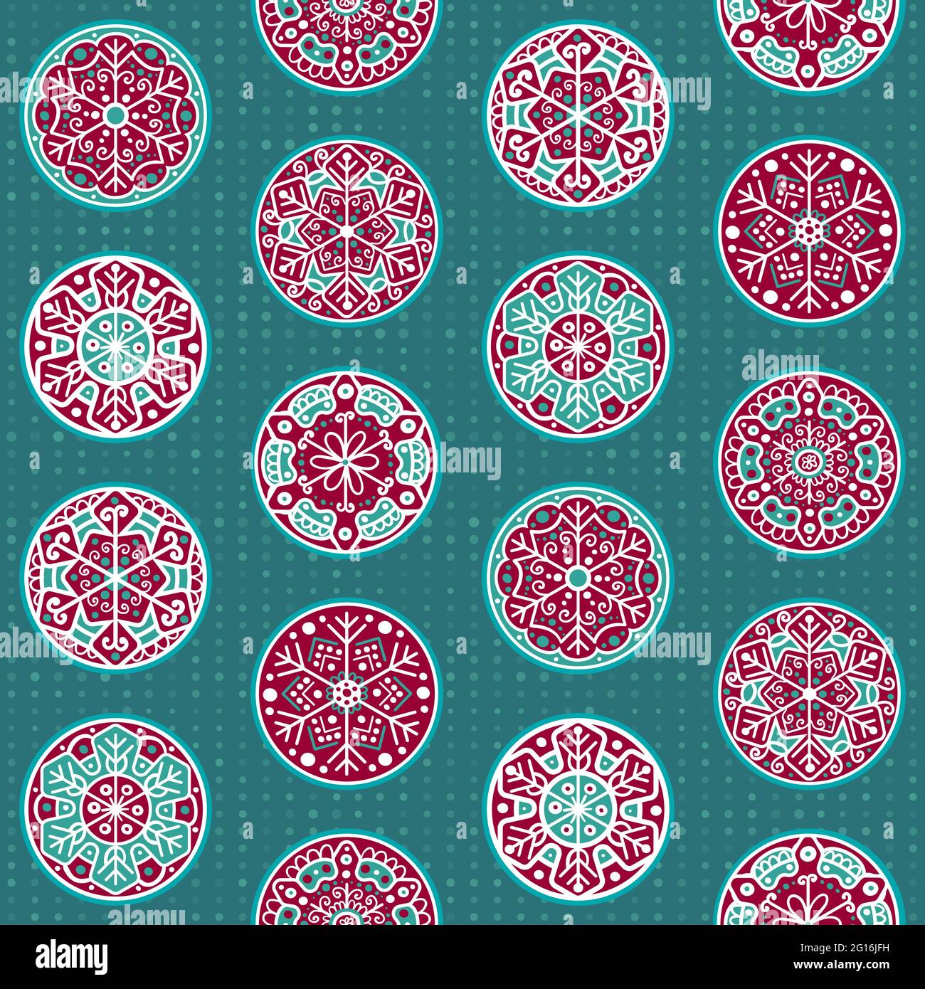 Set von festlichen handgezeichneten Weihnachten Schneeflocke Dekorationen Designs. Acht Schneeflocken-Rundel-Kollektion. Nahtloses Vektormuster. Skandinavische Winter s Stock Vektor
