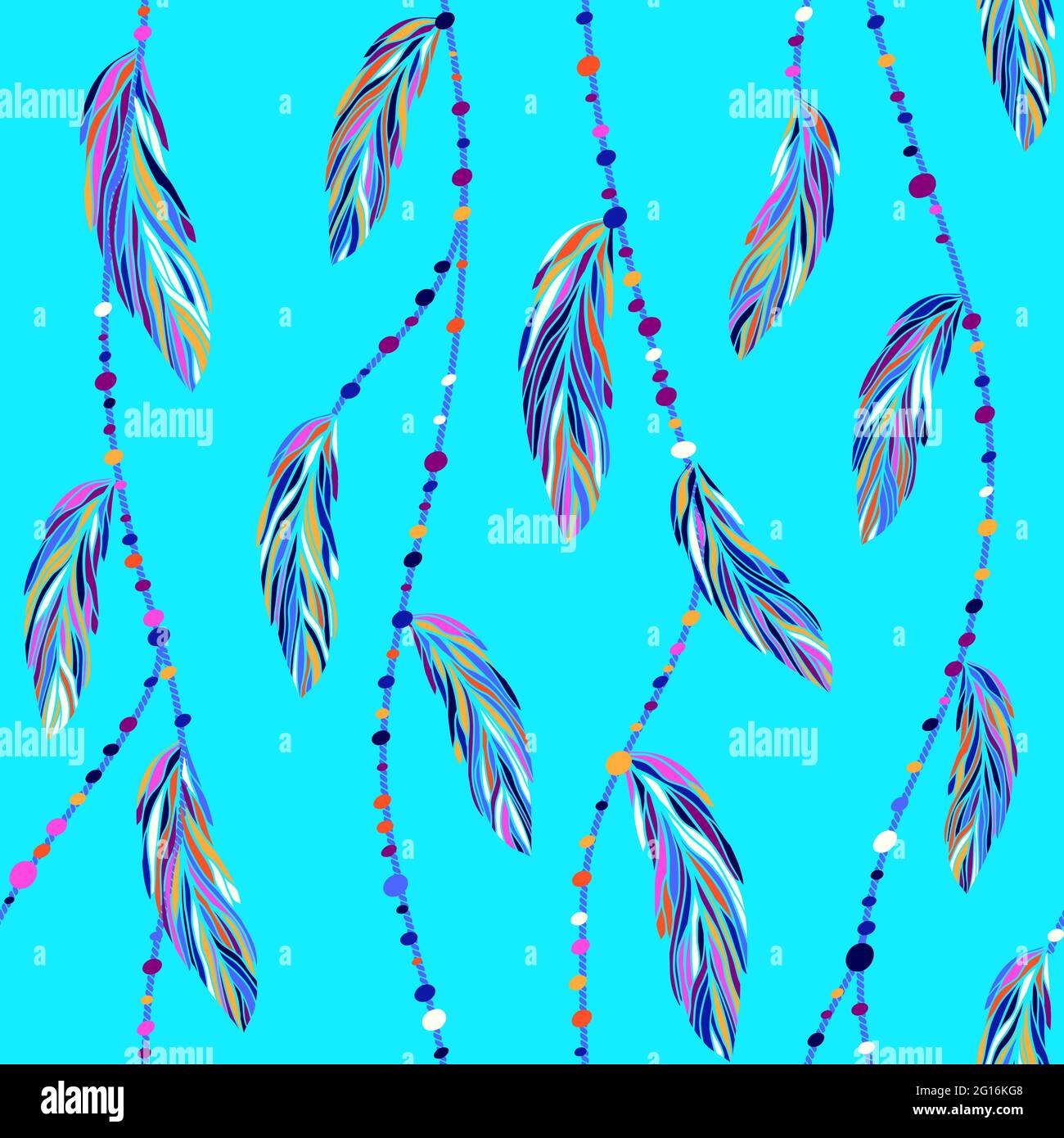 Bunte exotische tropische Vogelfedern, Boho Fäden und Perlen nahtlose Vektor-Muster. Verschiedene mehrfarbige Federn Vektor-Illustration, Boho-Stil. Stock Vektor