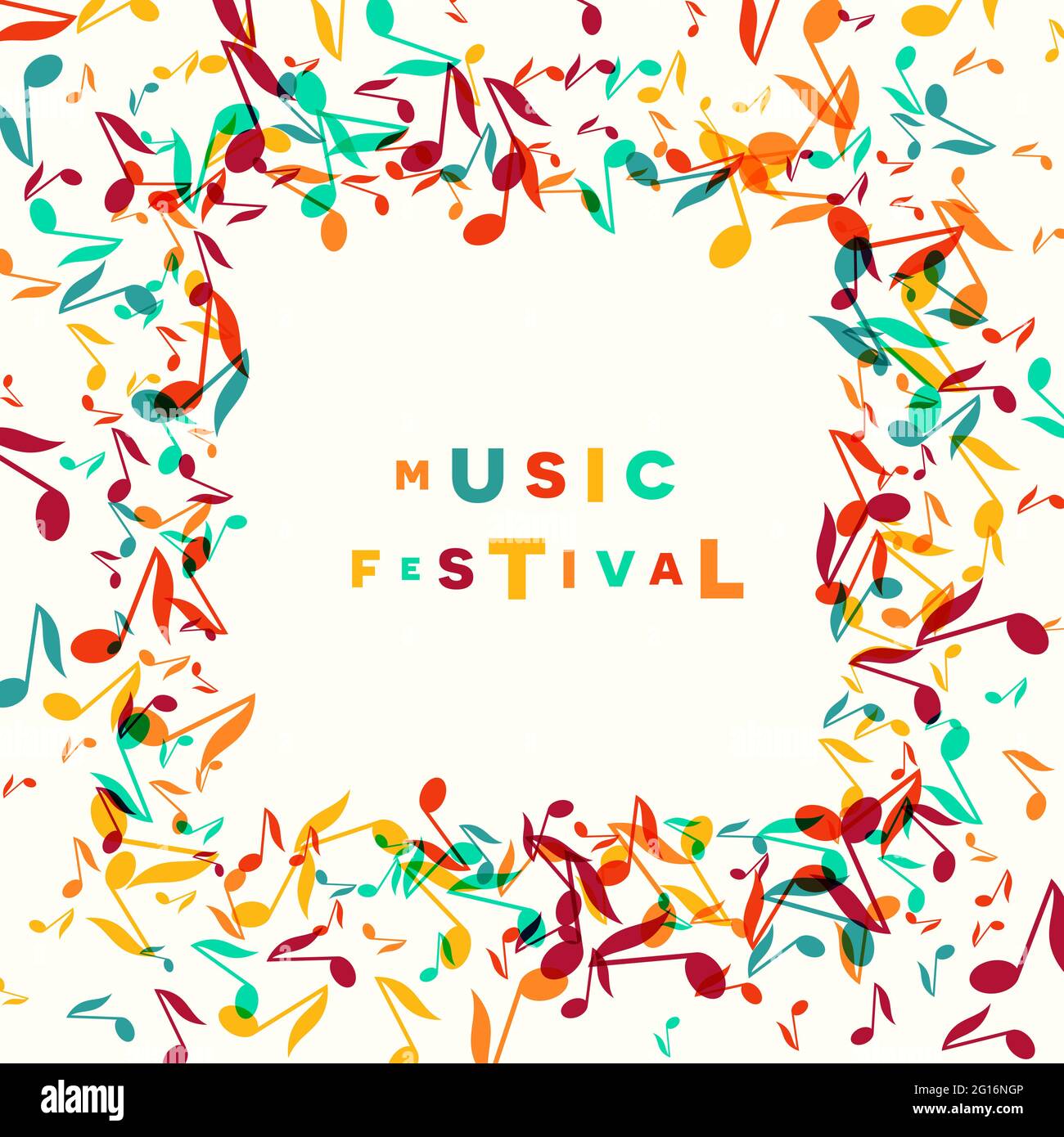 Bunte Musik Festival Notizen Hintergrund. Zufällige farbige musikalische Festival Poster Design Vorlage. Vektorgrafik Stock Vektor