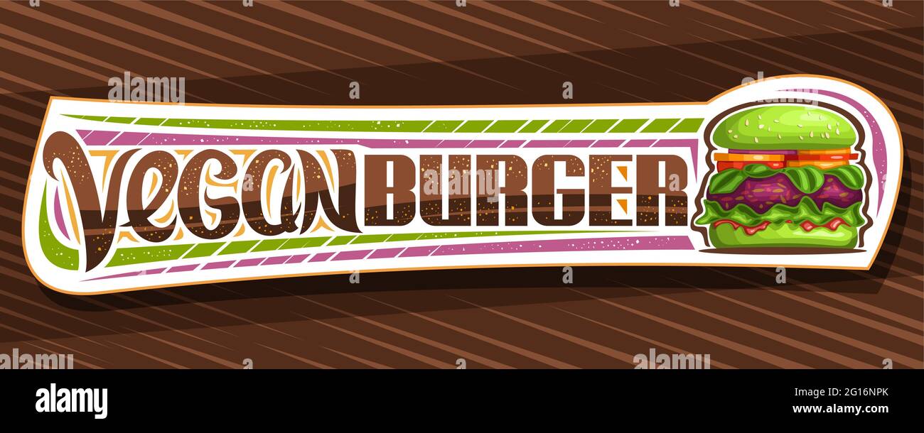 Vector Banner für Vegan Burger, horizontale Tafel mit Illustration von Burger mit gebratenem roten Patty und Gemüse in grünem Brötchen, dekorativer Coupon Stock Vektor