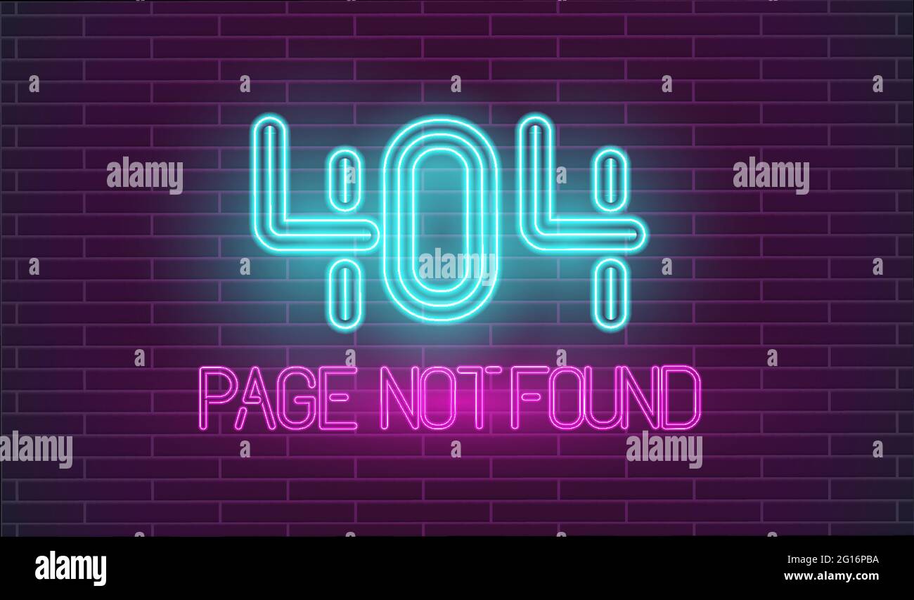 Abgestürzte Website Retro Neon. Seite nicht gefunden Neon Buchstaben auf Ziegelwand. 404 Fehlerseite im Retro-Stil. Stock Vektor