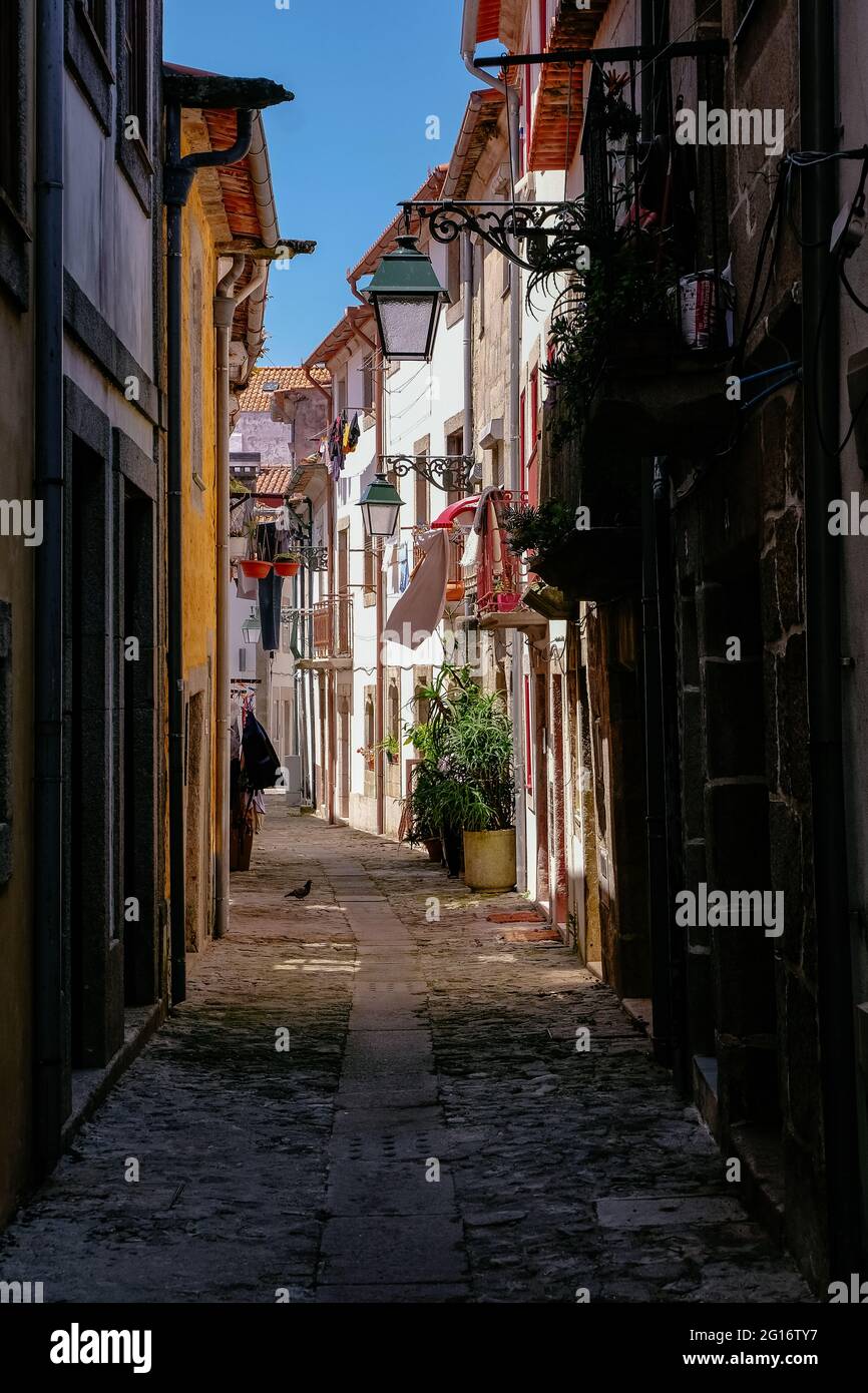 Kleine schmale Gasse mit traditionellen Häusern in der Altstadt - Viana do Castelo, Portugal Stockfoto