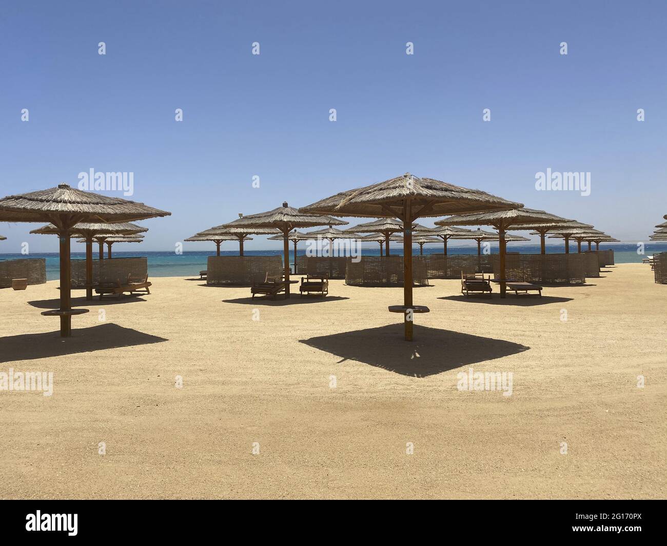 Keine Touristen, Leere Schirme, Soma Bay, Ägypten, Afrika Stockfoto