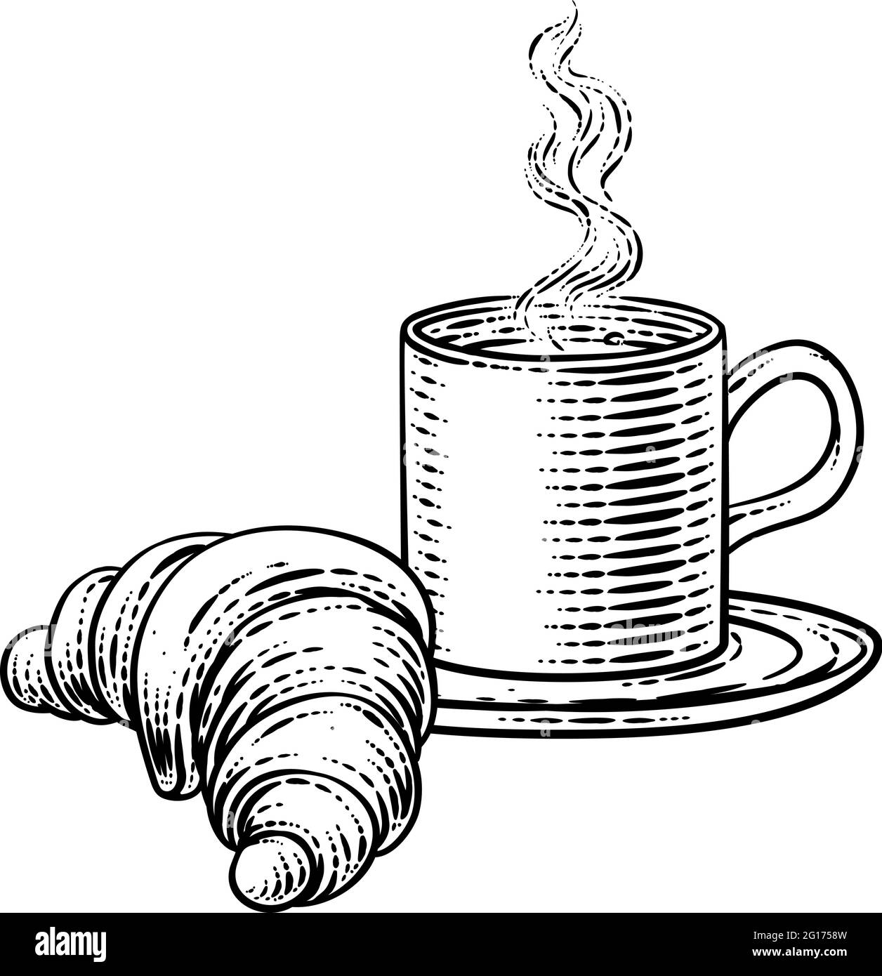 Tasse Kaffee-Tee und Croissant-Holzschnitt Stock Vektor
