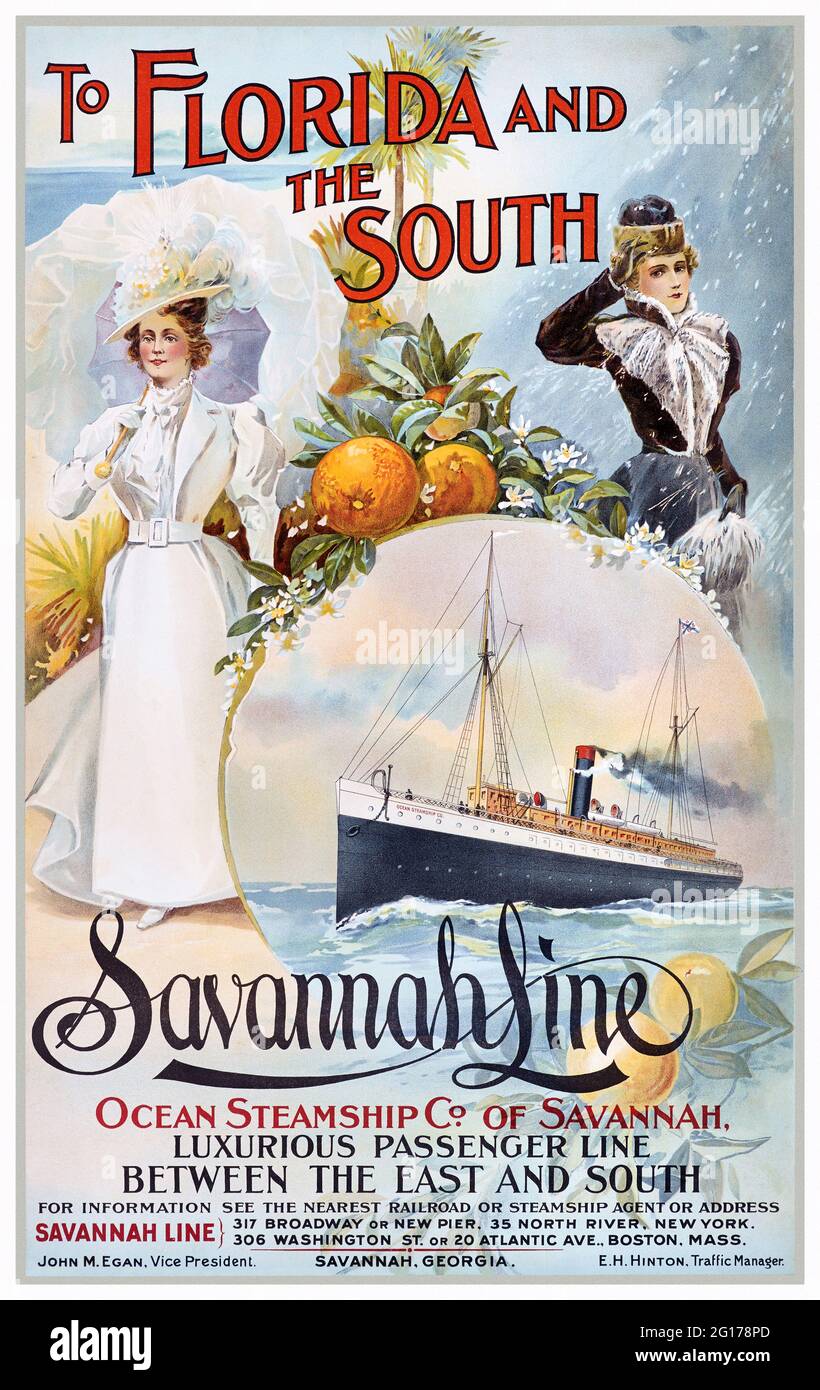 Nach Florida und den Süden - Savannah Line. Künstler unbekannt. Restauriertes Vintage Poster veröffentlicht ca. 1900 in den USA. Stockfoto