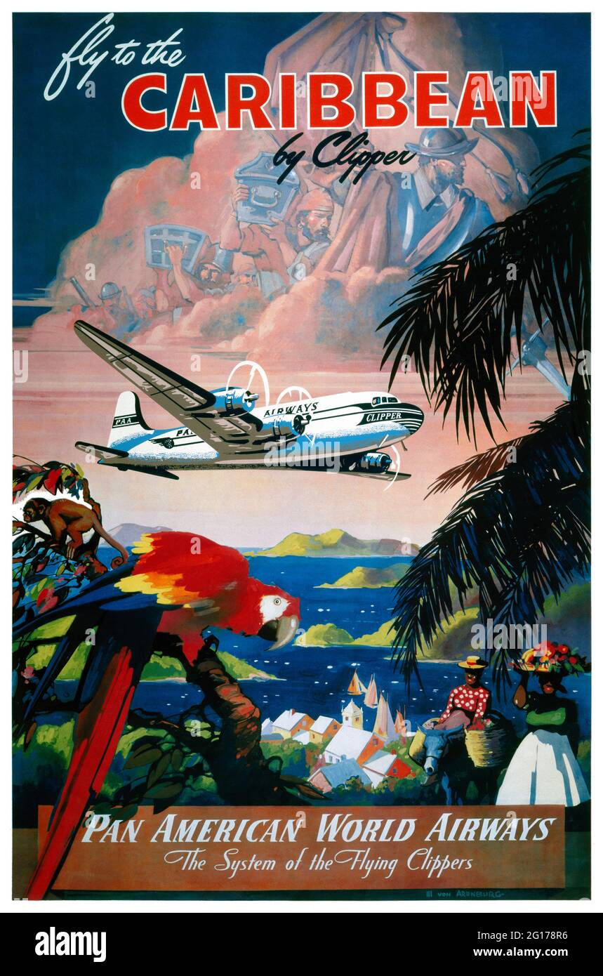 Fliegen Sie mit Clipper in die Karibik. Pan American World Airways von Mark von Arenburg (Daten unbekannt). Restauriertes Vintage Poster veröffentlicht ca. 1950 in den USA. Stockfoto
