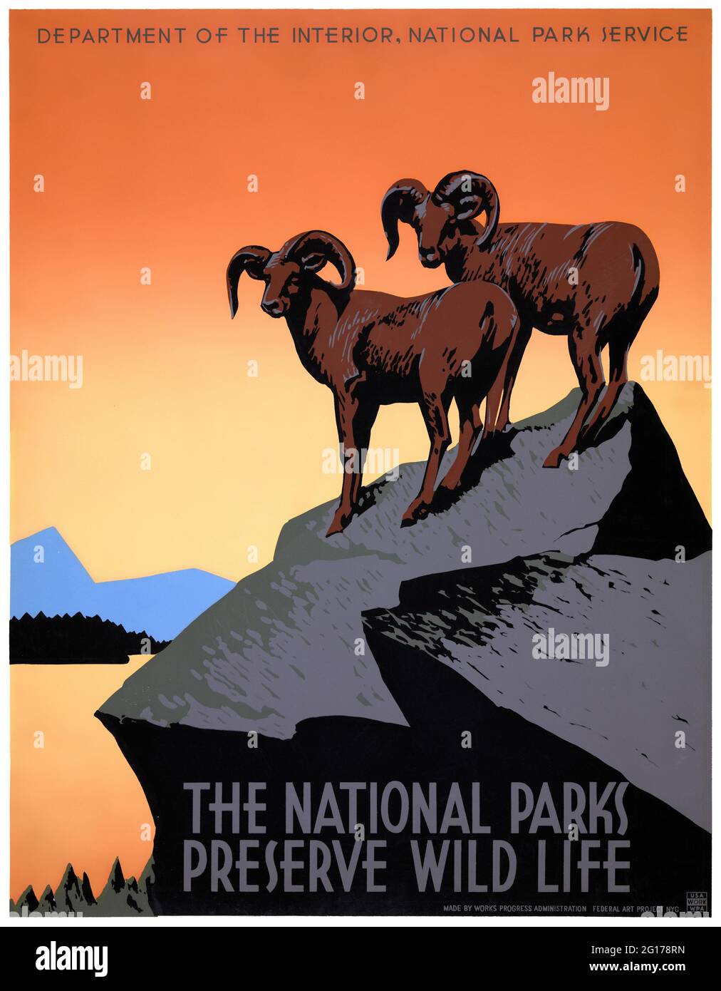 Die Nationalparks bewahren das wilde Leben von J. (Joseph) Hirt (1879-1943). Restauriertes Vintage-WPA-Poster, das 1935 in den USA veröffentlicht wurde. Stockfoto