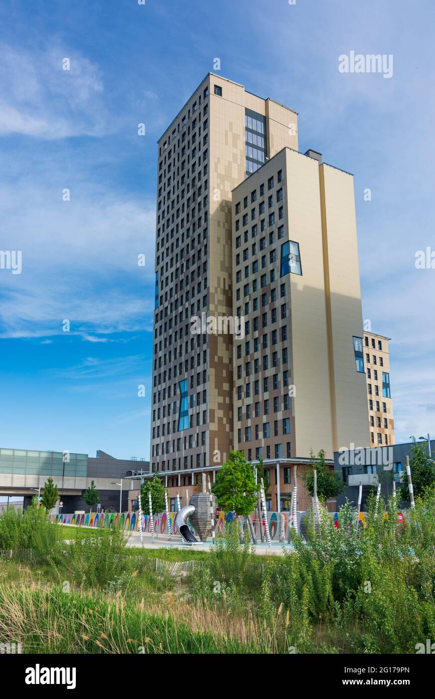 Wien, Wien: 84 m hoher Holzhochhaus oho Holzhochhaus, höchster Holzhochhaus der Welt, im neuen Stadtteil Seestadt Aspern im 22. Donaustadt Stockfoto