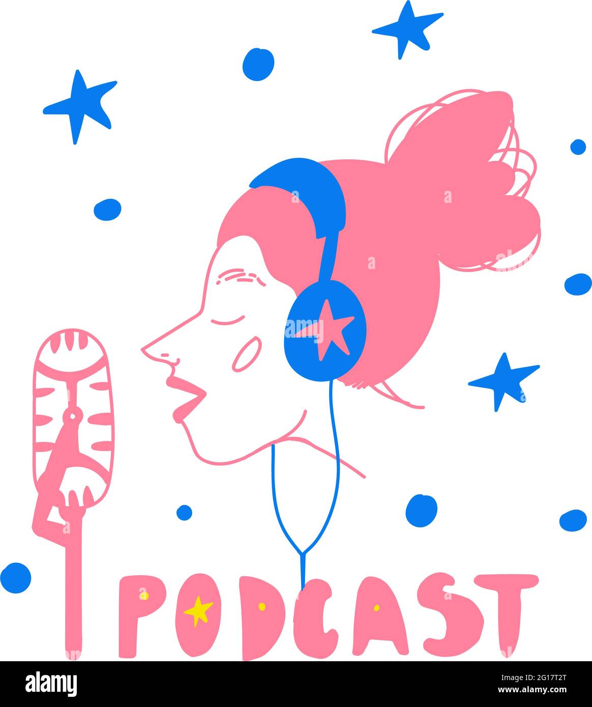 Podcast Logo Mädchen. Junge Bloggerin, die mit Kopfhörern im Mikrofon spricht. Vektorsymbol mit Beschriftung. Gesichtsprofil mit Kopfhörern. Gut für P Stock Vektor