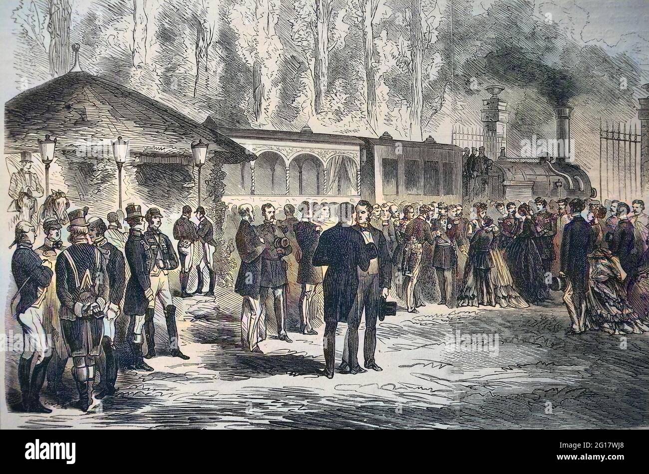 Abreise Kaiser Napoleons III. Und des kaiserlichen Fürsten von Saint-Cloud am 28. Juli 1870, Frankreich, deutsch-französischer Feldzug von 1870 / Abreise von Kaiser Napoleon III. Und dem kaiserlichen Prinzen von Saint-Cloud am 28. Juli 1870, Frankreich, Deutsch-Französischer Feldzug 1870, historische, digital verbesserte Reproduktion eines Originals aus dem 19. Jahrhundert / digitale Reproduktion einer Originalvorlage aus dem 19ten Jahrhundert. Jahrhundert, Originaldatum nicht bekannt, Kolorierung, koloriert, handkoloriert, Handkolorierung, handfarbig, farbig Stockfoto