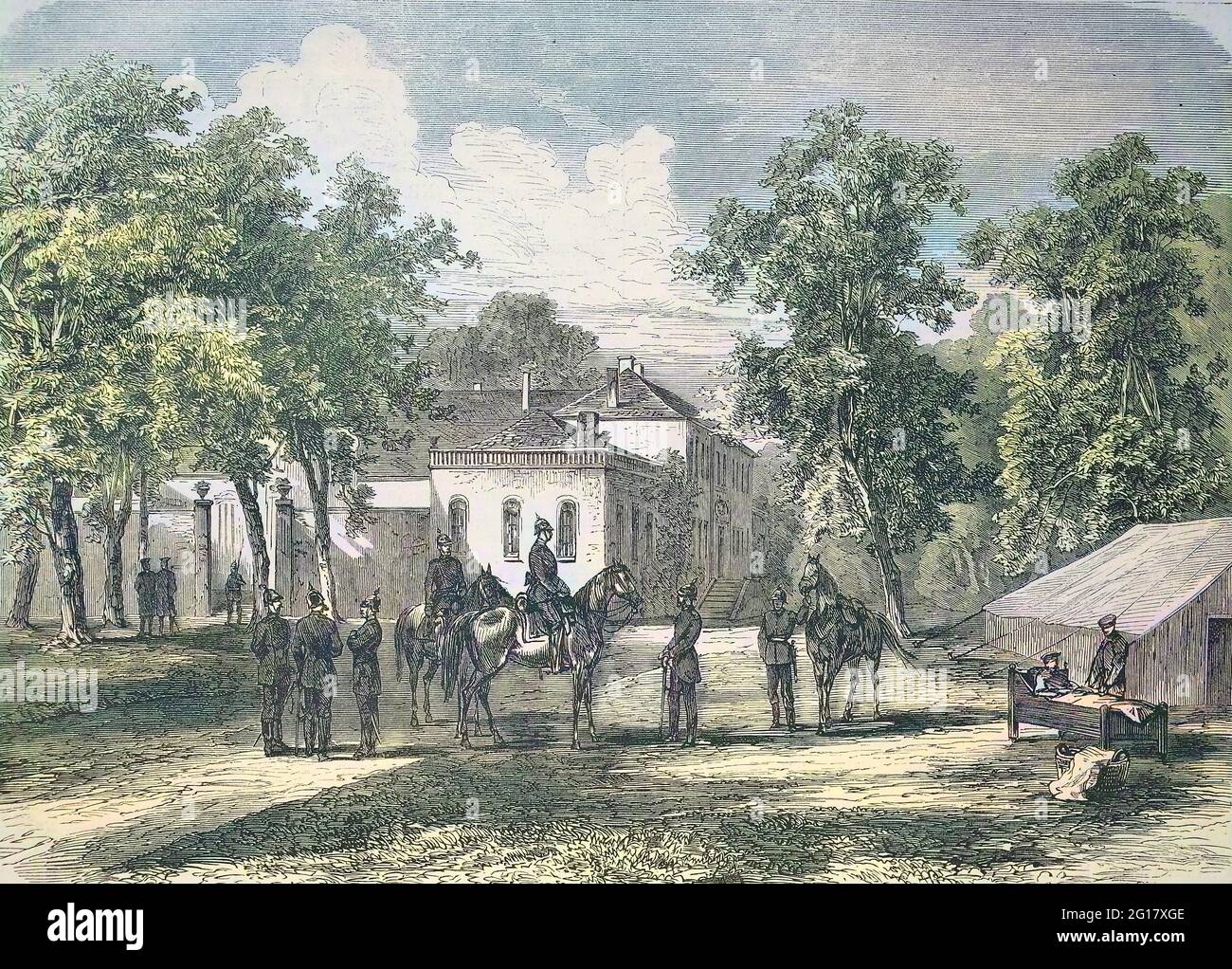 Das Hauptquartier von Prinz Friedrich Karl zu kornieren in Metz während der Belagerung, Frankreich, Deutsch-Französischer Krieg 1870/1871 / das Hauptquartier von Prinz Friedrich Karl zu corny in Metz während der Belagerung, Frankreich, Deutsch-Französischer Krieg 1870/1871, historisch, Digitale verbesserte Reproduktion eines Originals aus dem 19. Jahrhundert / digitale Reproduktion einer Originalvorlage aus dem 19. Jahrhundert, Originaldatum nicht bekannt, Kolorierung, koloriert, handkoloriert, Handkolorierung, handfarbig, farbig Stockfoto