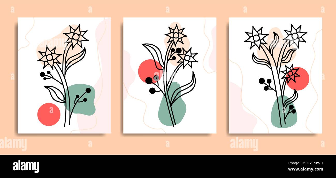 Ästhetische Minimal Line Art Boho Blumen Design Vektor-Set Stock Vektor