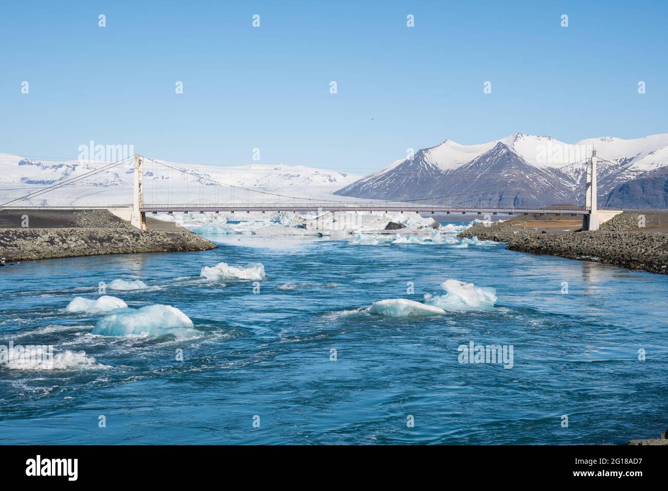 Fluss Jokulsa an der Jokulsarlon Gletscherlagune im Süden Islands Stockfoto