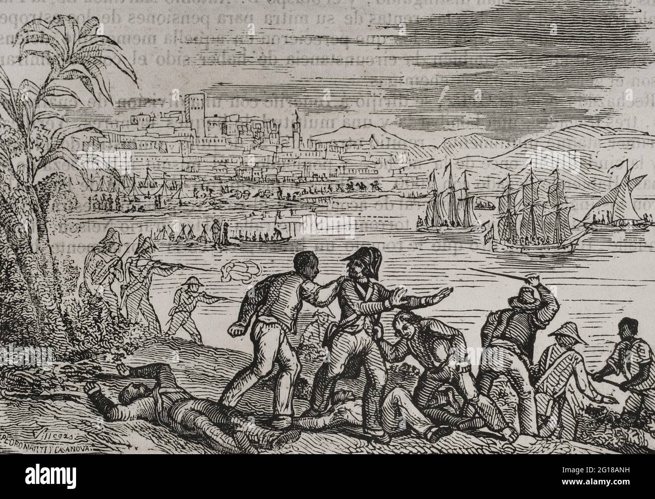Anglo-Spanischer Krieg (1796-1802). Angriff auf Puerto Rico (1797). Durch den Vertrag von San Ildefonso im Jahr 1796 wurde Spanien ein Feind Großbritanniens. Die Briten schickten eine Flotte in die Karibik, um die Inseln Trinidad und Puerto Rico unter dem Kommando von Admiral Henry Harvey zu erobern. Sie erreichten die Kapitulation von Trinidad, wurden aber in Puerto Rico besiegt. Generalleutnant Sir Ralph Abercromby drang in die Insel Puerto Rico ein, die von den spanischen Truppen unter der Führung von Ramón de Castro und der von Rafael Conti kommandierten Miliz der Hauptstadt verteidigt wurde. Niederlage der Briten in Puerto Rico während der Schlacht von San Juan Stockfoto