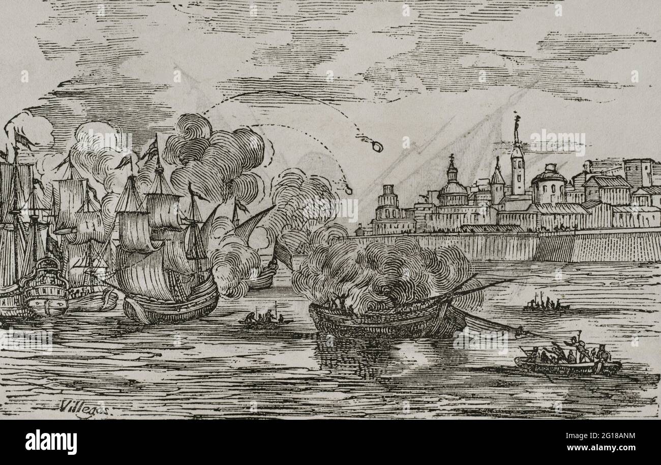 Anglo-Spanischer Krieg (1796-1802). Französische Revolutionäre Kriege. Angriff auf das KZ (1797). Es war Teil der militärischen Operation der Marineblockade des Hafens von Cádiz durch die Royal Navy. Bombardierung des spanischen Hafens von Cádiz durch die von John Jervis und Horatio Nelson kommandierte britische Flotte (Juni 1797). Nelson wurde zum Kommando der Küstengeschwader ernannt, die den Hafen blockierten. Die von José de Mazarredo und Federico Gravina kommandierten spanischen Seestreitkräfte wehrten erfolgreich die Angriffe ab und besiegten die englische Flotte. Gravur. Historia del Levantamiento, guerra y Revolución de España by Th Stockfoto