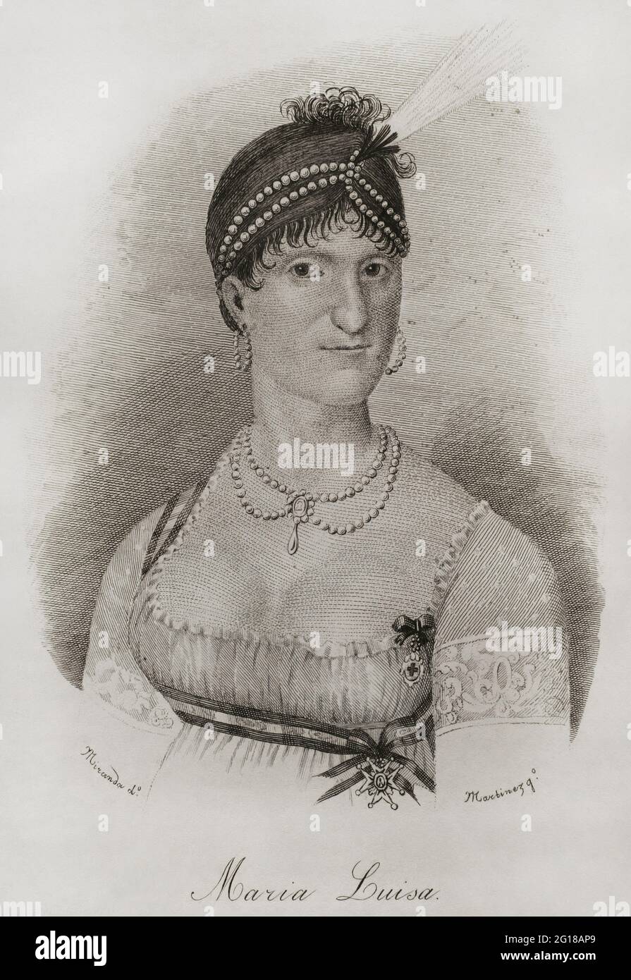 Maria Luisa von Parma (1751-1819). Königin Gemahlin von Spanien (1788-1808) als Ehefrau von Karl IV. Hochformat. Illustration von Miranda. Stich von Martinez. Historia del Levantamiento, guerra y Revolución de España am Conde de Toreno. Madrid, 1851. Stockfoto