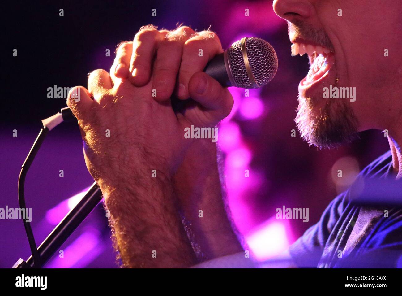 Ein Sänger mit einer Rock-and-Roll-Band tritt während eines Konzerts auf. Stockfoto