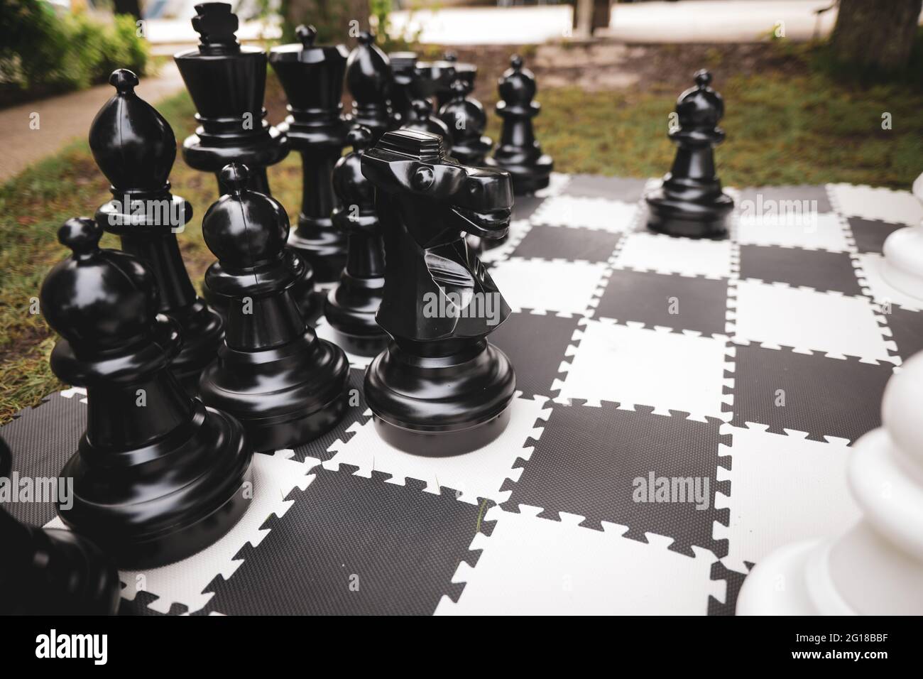 Bild mit geringer Schärfentiefe (selektiver Fokus) mit einem Gartenschach-Set. Stockfoto