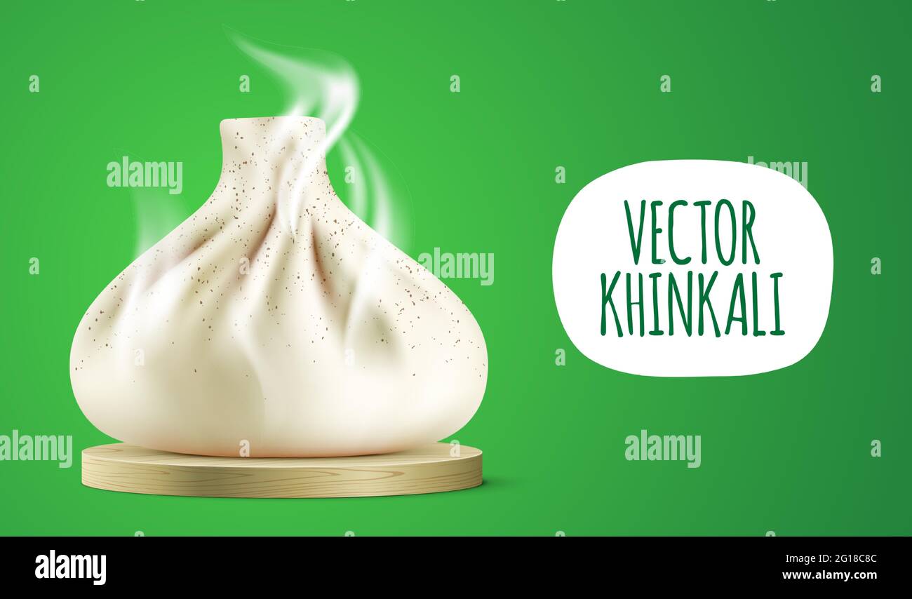 Heiß Khinkali mit Dampf, auf einen Holzteller gelegt. Georgian Knödel Vektor-Banner mit Kopierraum. Stock Vektor