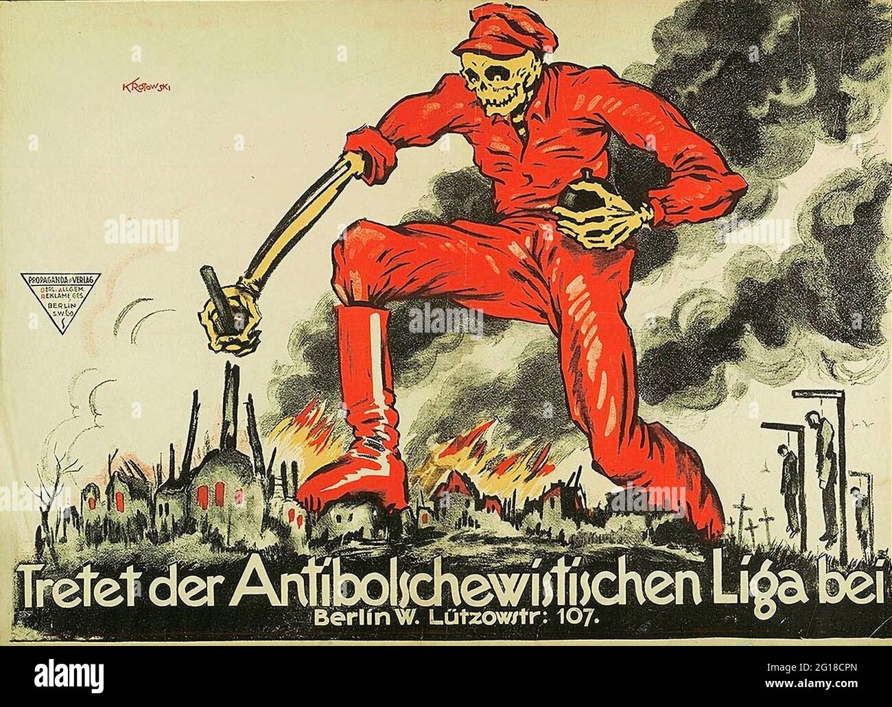 Ein deutsches antikommunistisches Plakat aus der Zeit 1919, auf dem der Tod in roter Kleidung über eine brennende Stadt mit dem Slogan „tritt der Anti-Bolschewistischen Liga bei“ zu sehen ist Stockfoto