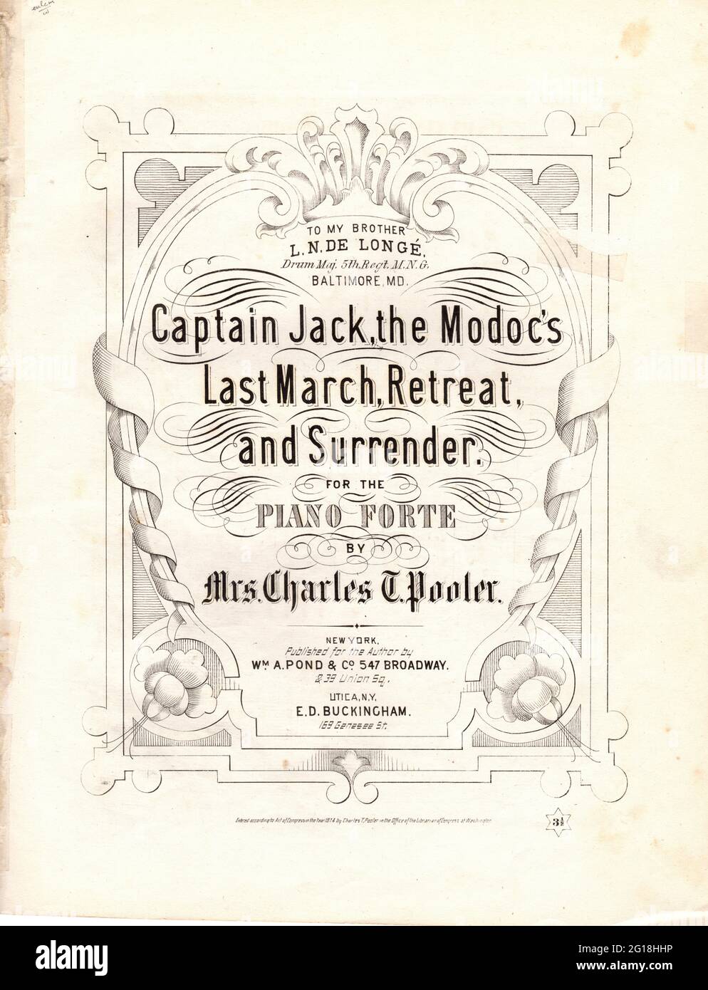 Captain Jack, The Modoc's Last March, Retreat and Surrender, Noten von Mrs. Charles Pooler. Herausgegeben von WM. Pond & Co., Boston, MA. 1874 Stockfoto