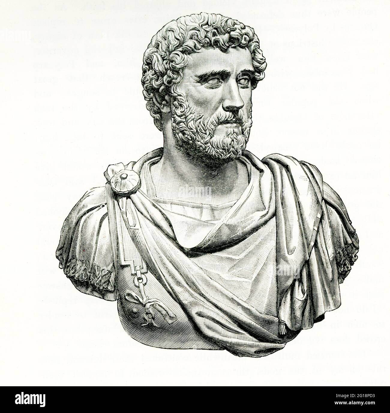 Diese Abbildung zeigt die Büste des Antoninus, die im Museum von Neapel untergebracht ist. Titus Aelius Hadrianus Antoninus Pius war von 138 bis 161 römischer Kaiser. Er war einer der fünf guten Kaiser aus der Nerva-Antonine-Dynastie. Geboren in einer senatorialen Familie, bekleidete Antoninus während der Herrschaft von Kaiser Hadrian verschiedene Ämter. Stockfoto