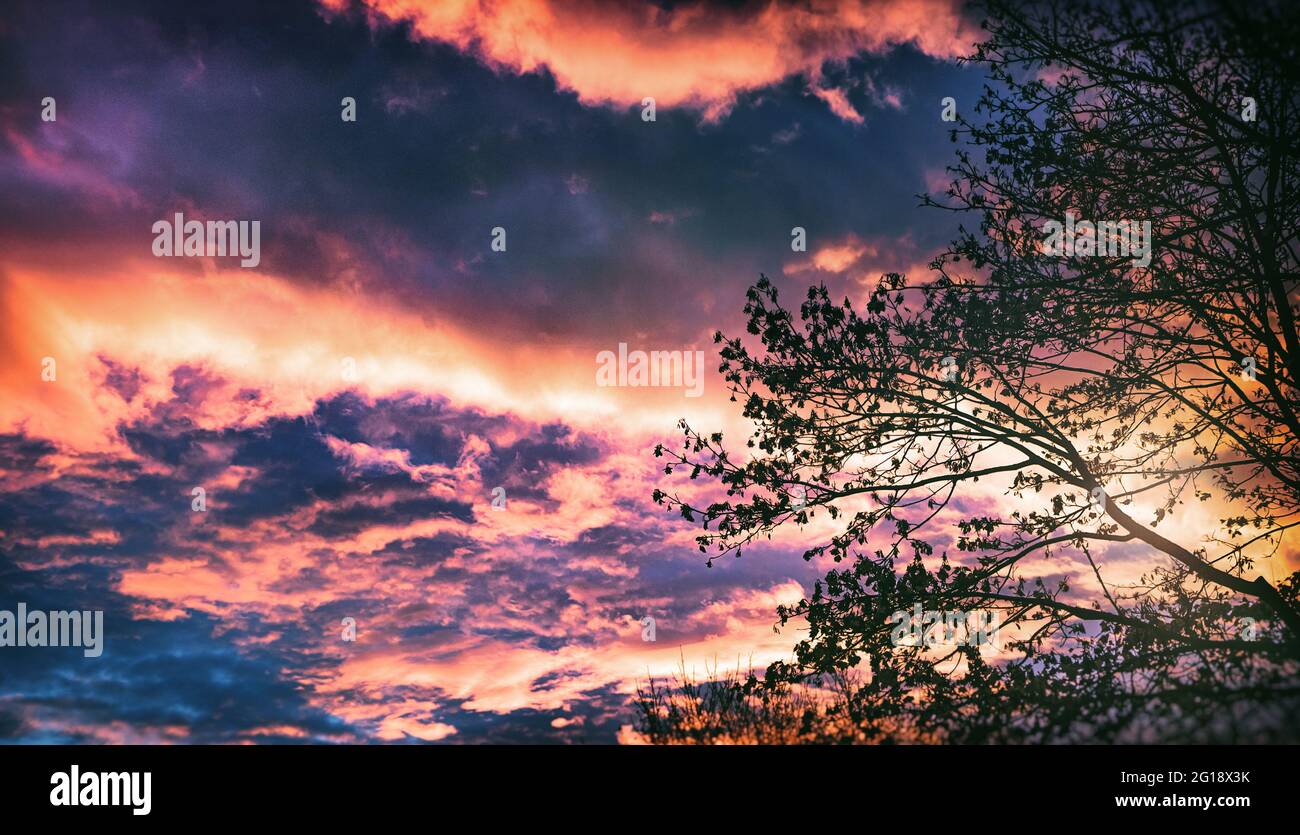 Dramatischer, wolkiger Himmel mit Panoramablick und schrillen Farben in einer hoffnungsvollen Stimmung nach dem Leben. Morgengrauen im Frühling mit spektakulären Wolken. Stockfoto