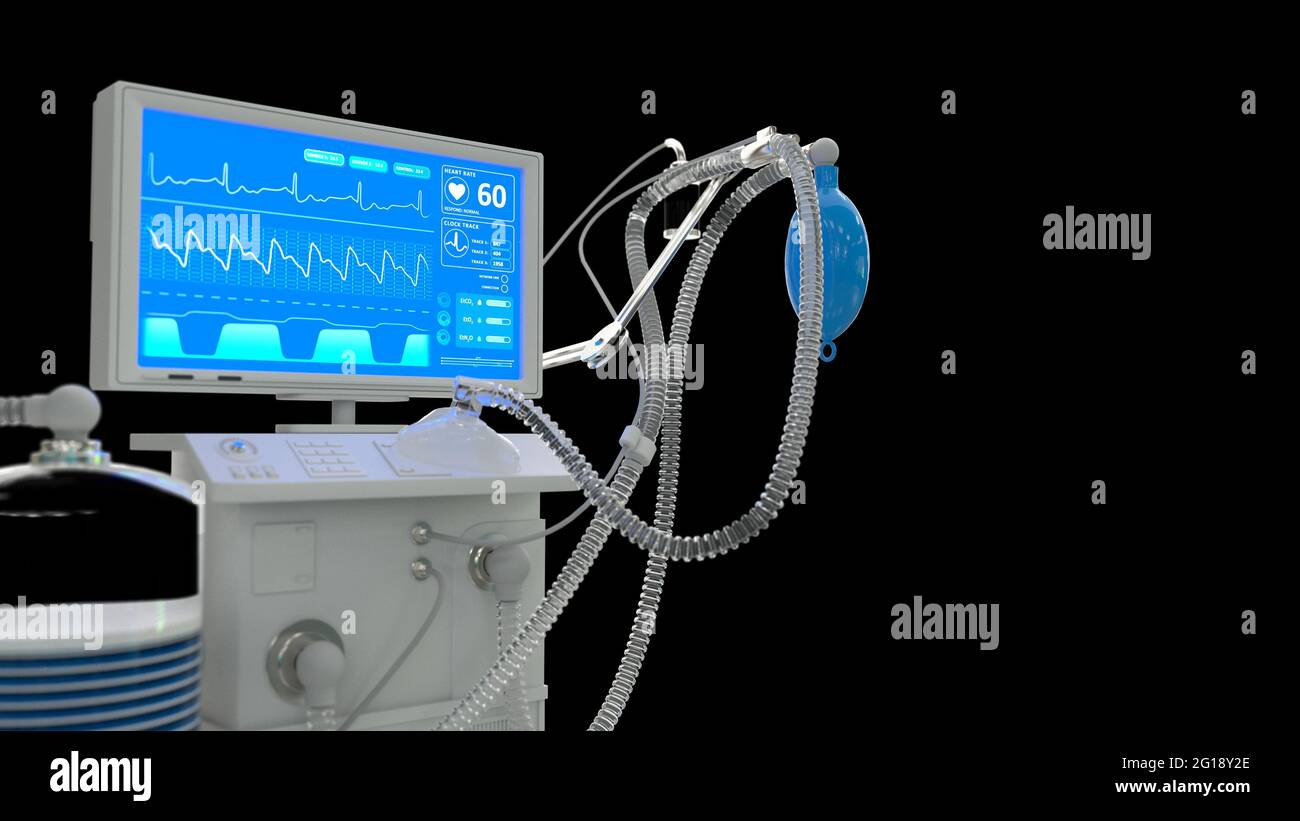Medizin 3d-Illustration, ITS-Lungenventilator mit gerendertem Bett, isoliert auf Schwarz Stockfoto