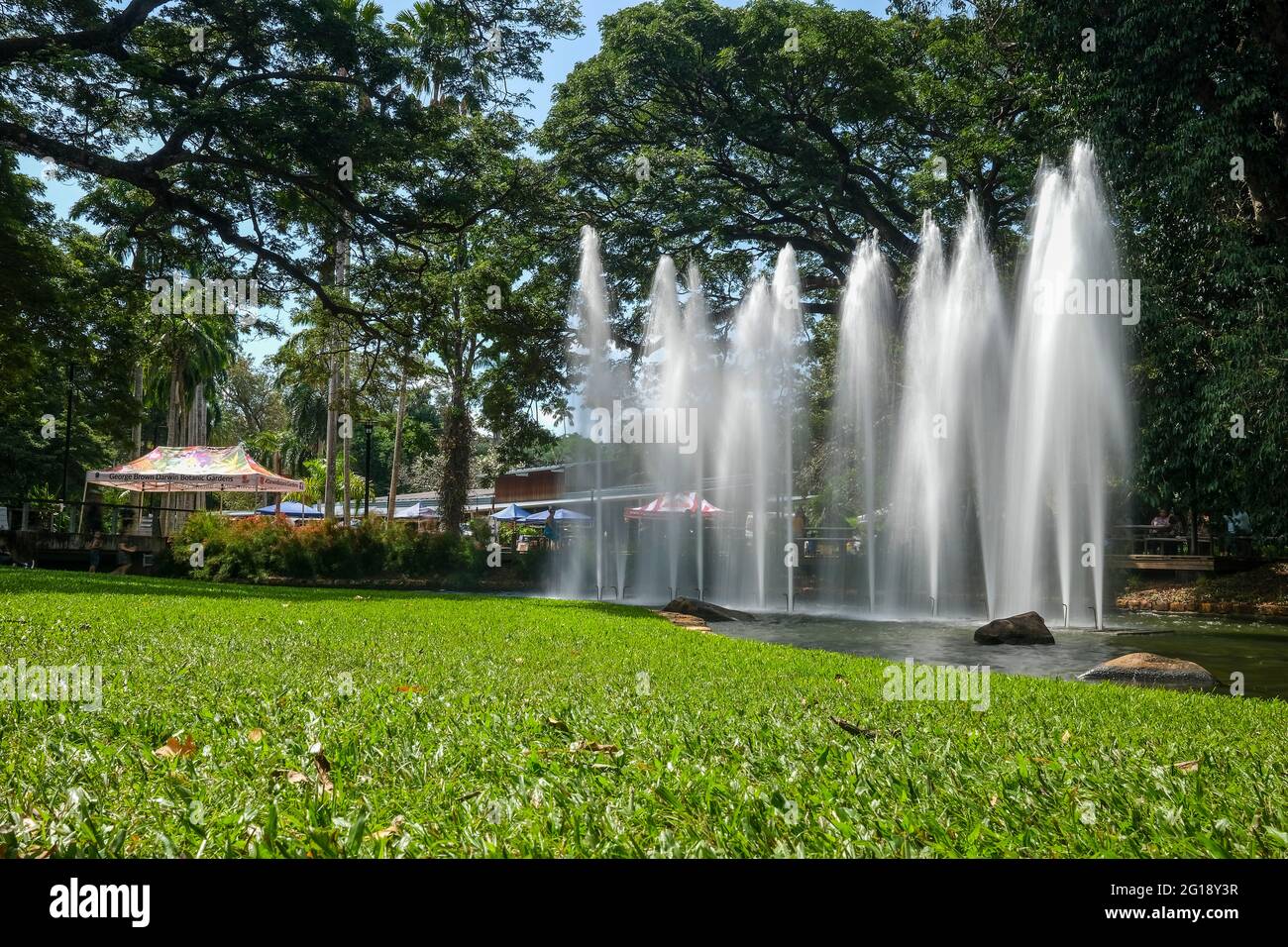 Wasserfontänen in den George Brown Darwin Botanic Gardens, in Darwin, Northern Territory, Australien Stockfoto