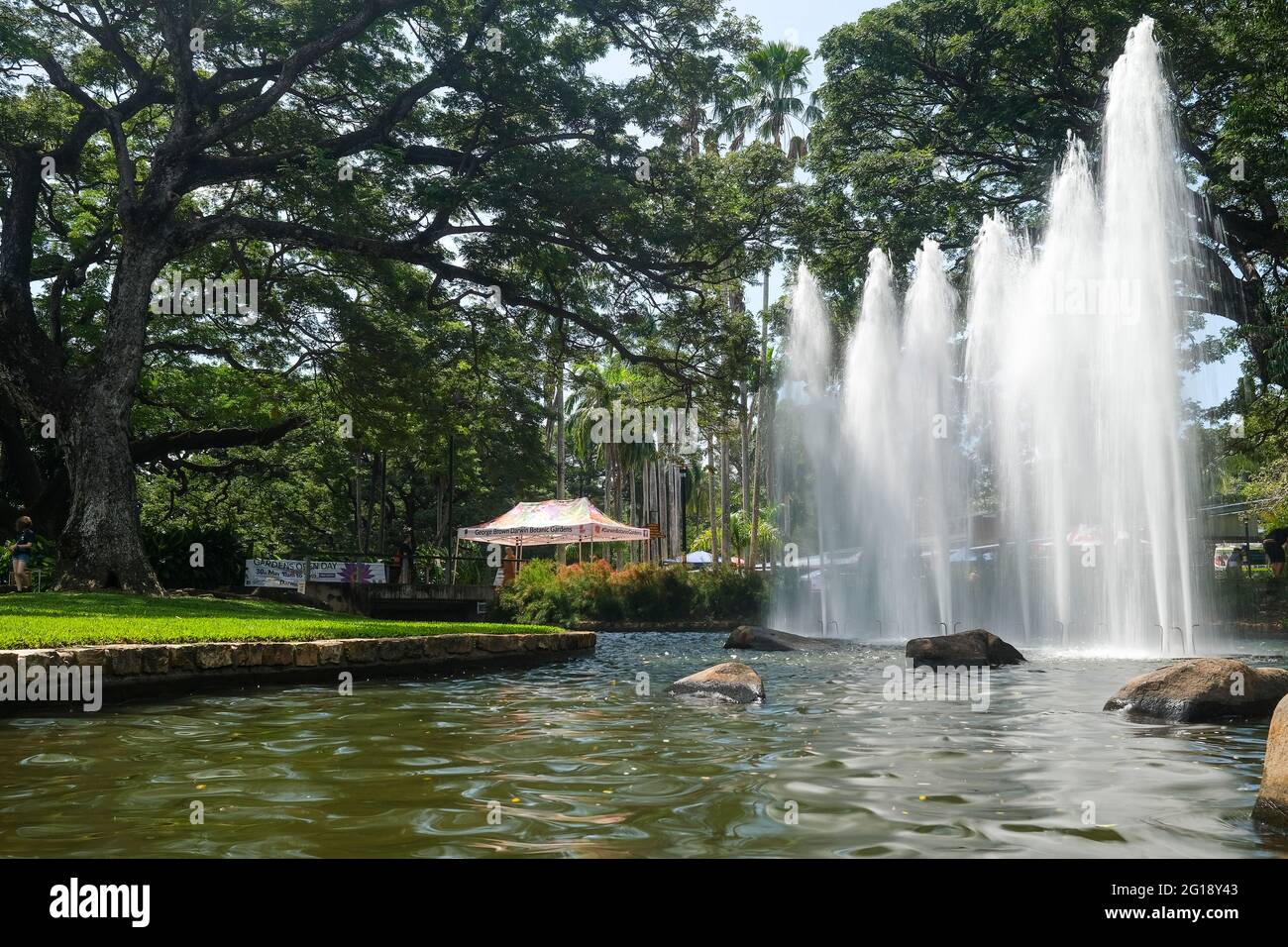 Wasserfontänen in den George Brown Darwin Botanic Gardens, in Darwin, Northern Territory, Australien Stockfoto