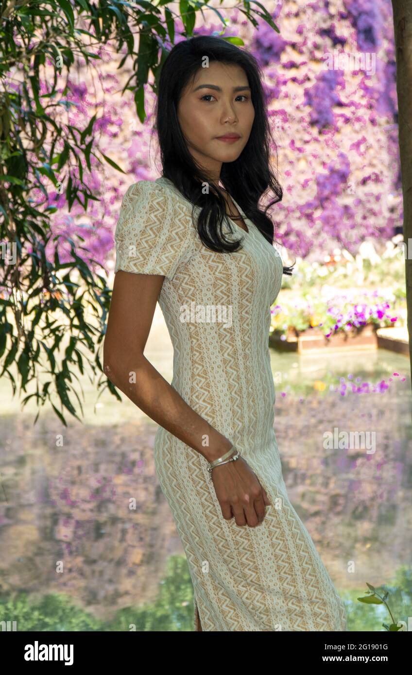 Dunkle Haare asiatische Mädchen im Garten der Blumen Stockfoto