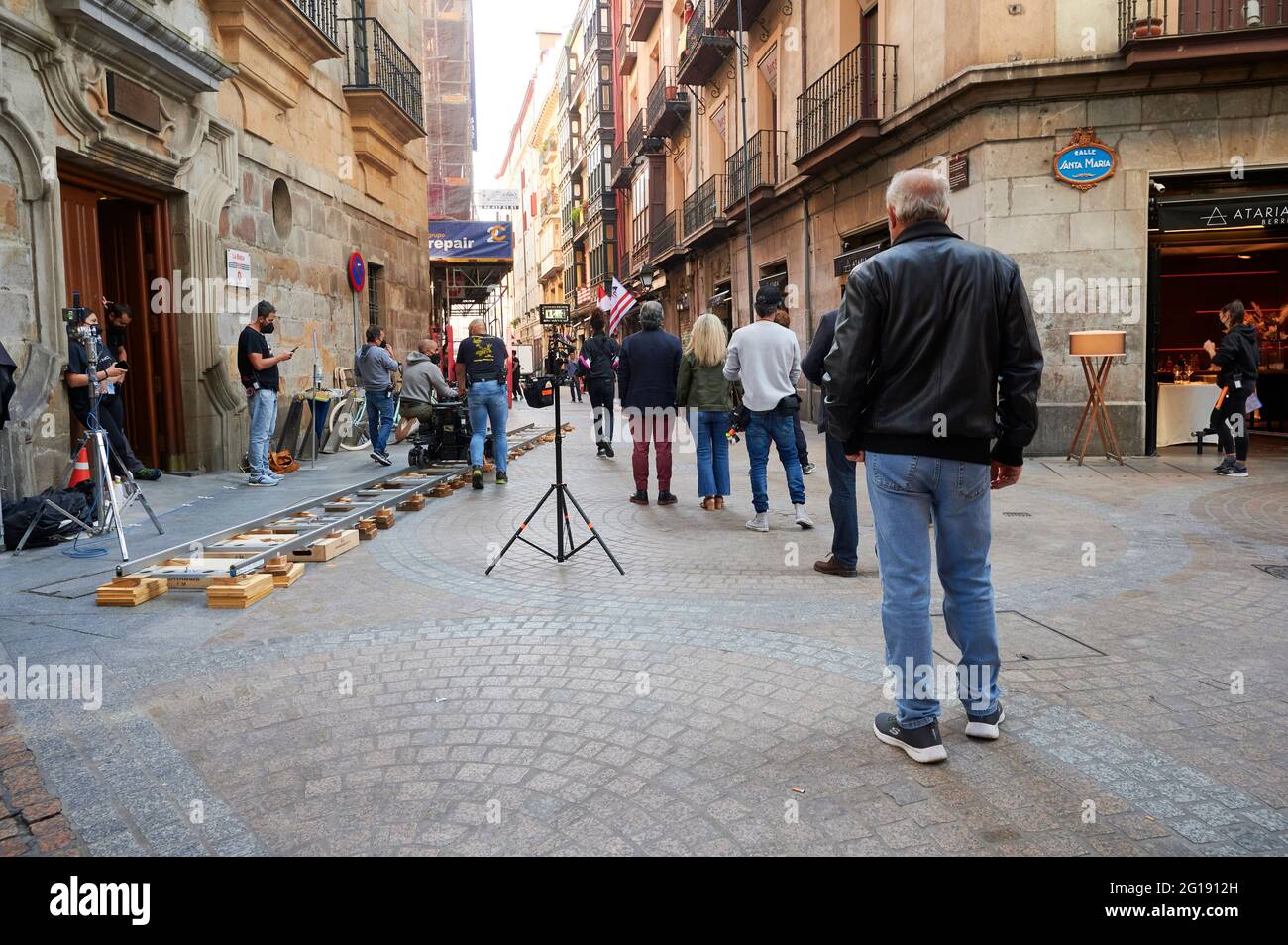 Dreharbeiten zur fernsehserie für Netflix 'La vida Padre' in der Altstadt von Bilbao, Biskaya, Baskenland, Euskadi, Euskal Herria, Spanien, Europa Stockfoto
