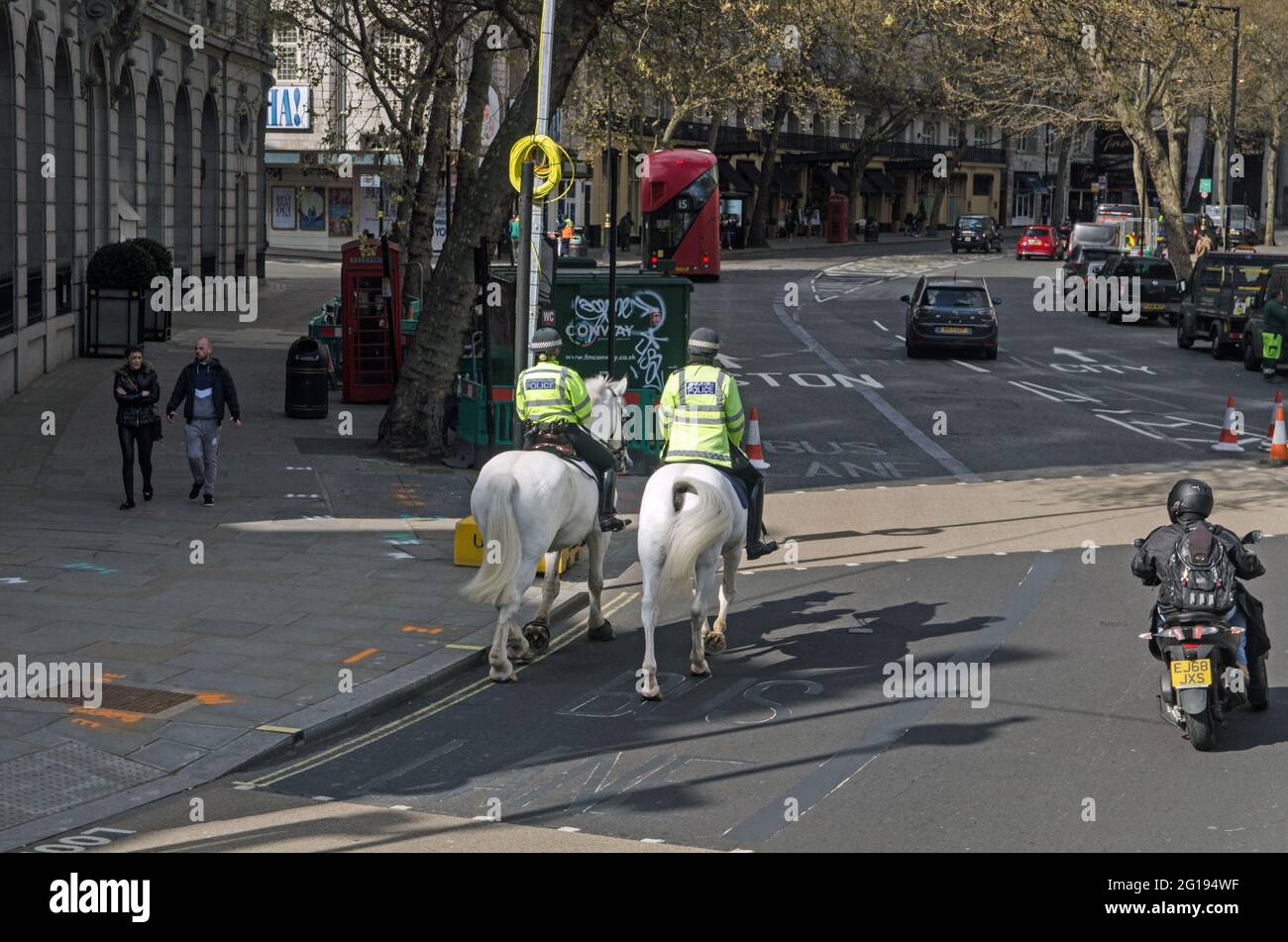 London, Großbritannien - 16. April 2021: Zwei weiße Polizeipferde werden von berittenen Offizieren um den Lanmark Aldwych in Westminster, im Zentrum von London, auf einer s geritten Stockfoto