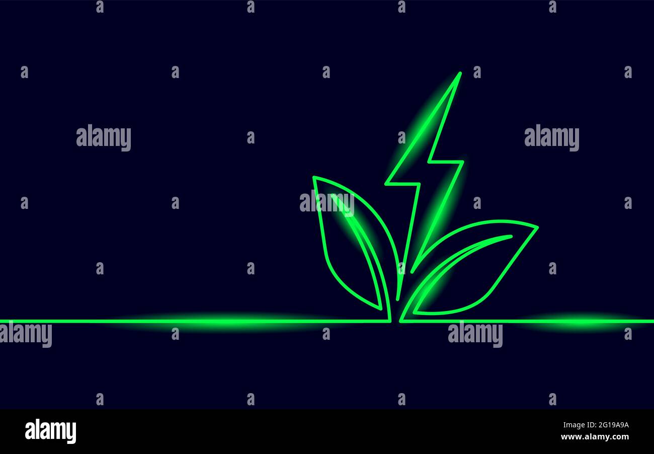 Continuous Line Art Green Energy Konzept. Nachhaltige Energiespeicherung elektrische Neon wiederaufladbare Versorgung. Laden von Batterien Eco Global Planet Solution Stock Vektor