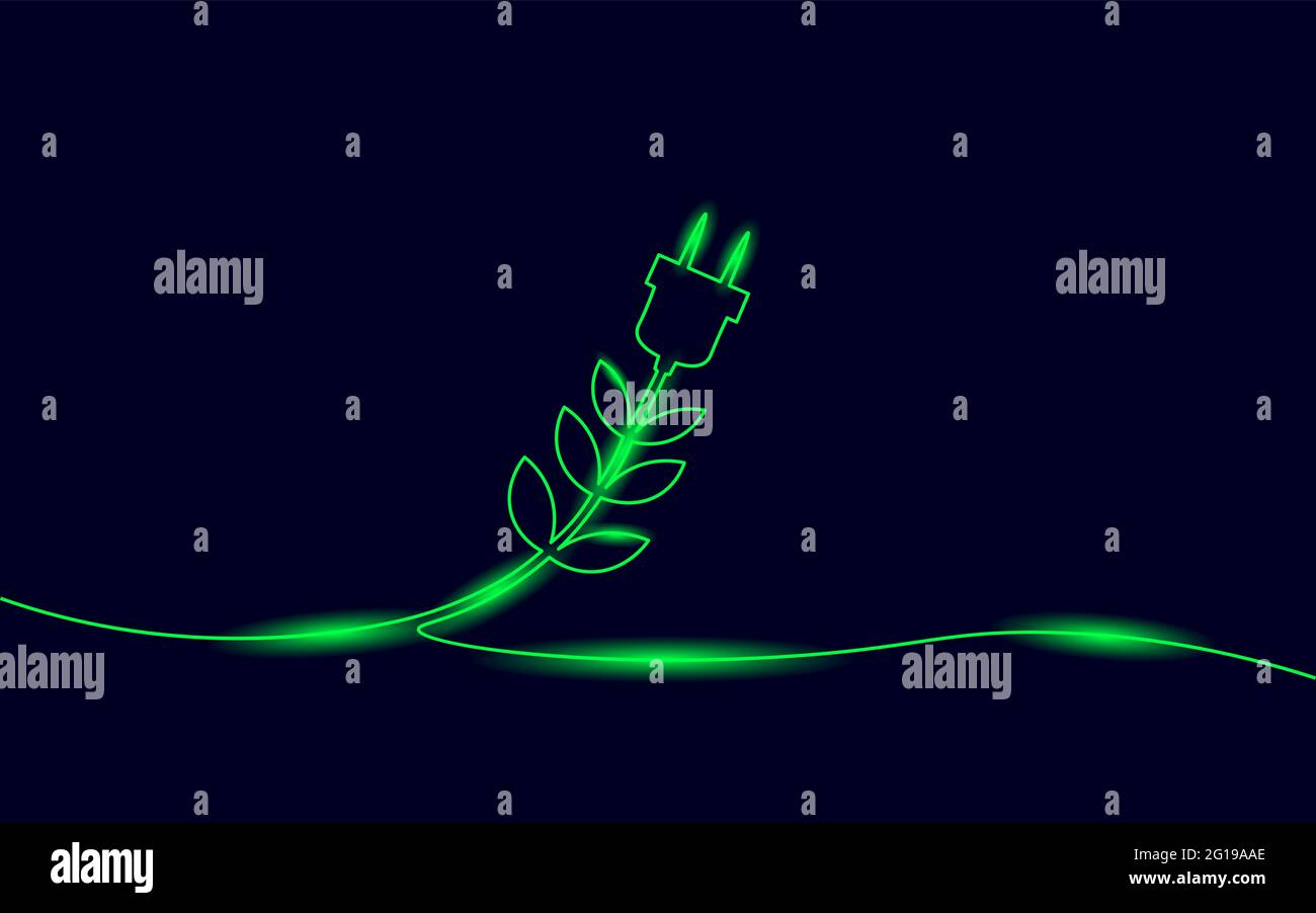 Durchgehende Linie Kunst grün Neon Energie-Plug-Konzept. Nachhaltige Energiespeicherung elektrische wiederaufladbare Versorgung. Laden von Batterien – ein umweltfreundlicher globaler Planet Stock Vektor
