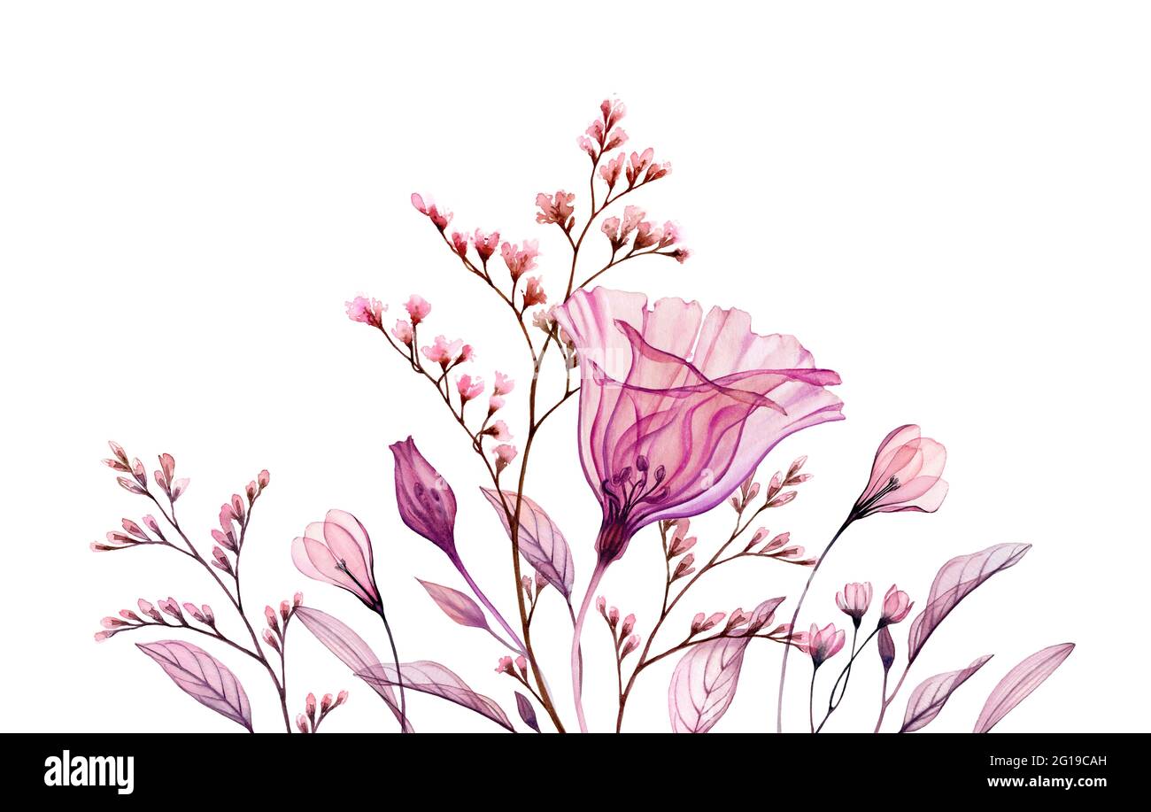 Aquarell florale Komposition. Handbemaltes Kunstwerk mit durchsichtigem Glockenblume und blühenden Ästen. Abstrakte botanische Illustration für Karten Stockfoto
