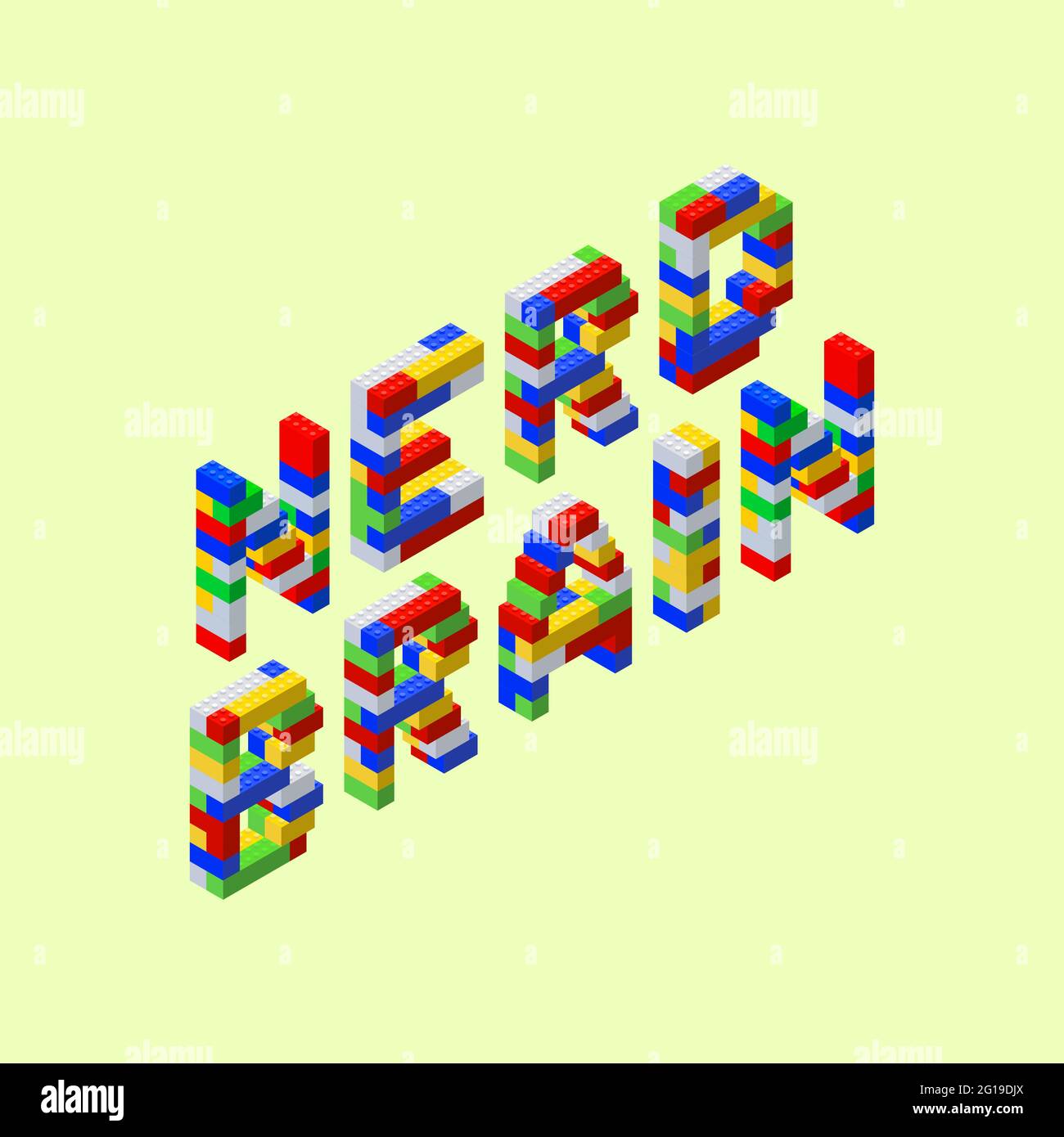 Phrase Gehirn eines weisen Mannes im isometrischen Stil besteht aus farbigen Plastikziegeln auf einem gelben Hintergrund. Vektorgrafik. Stock Vektor