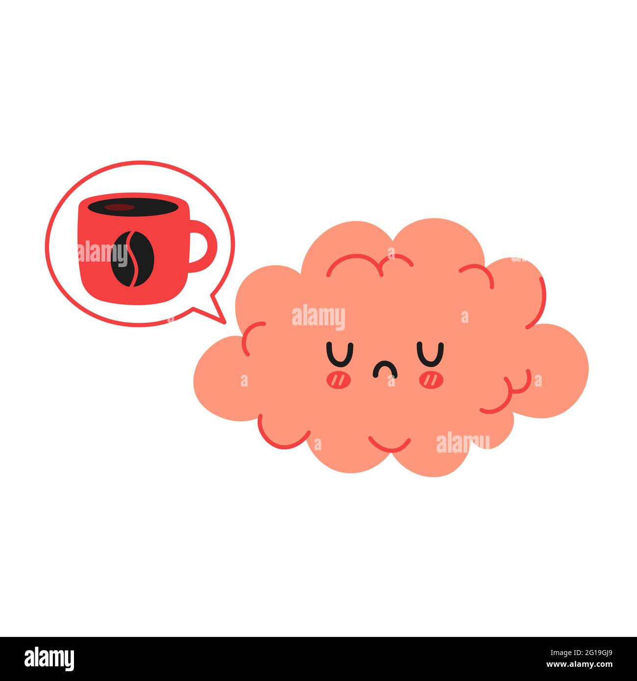 Nette lustige traurig Gehirn wollen Kaffee. Vektor Hand gezeichnet Cartoon kawaii Charakter Illustration Symbol. Isoliert auf weißem Hintergrund. Kaffee oder Tee Tasse, Tasse, Gehirn Organ Charakter Konzept Stock Vektor