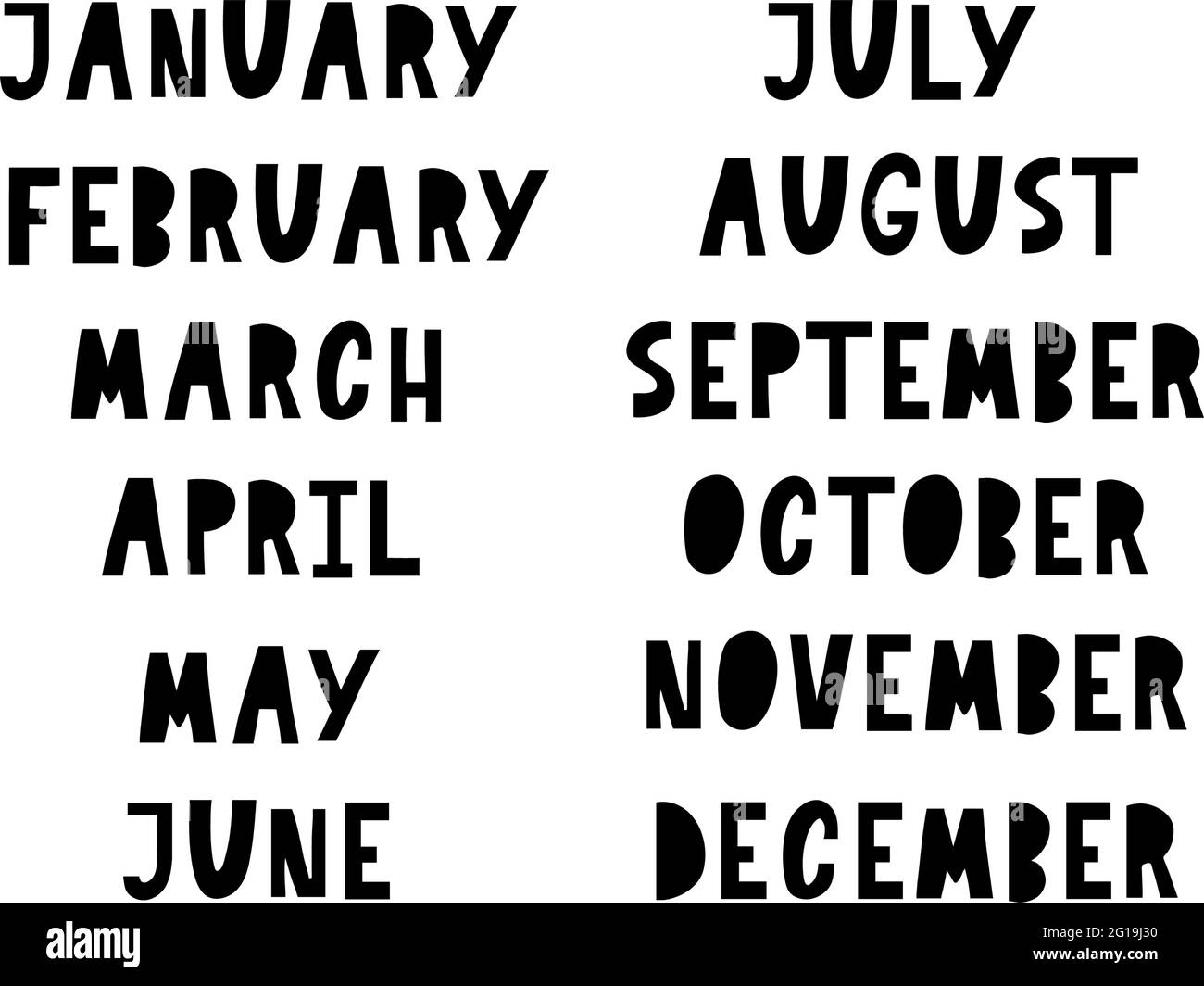 Handschriftliche Namen von Monaten: Dezember, Januar, Februar, März, April, Mai, Juni, Juli August September Oktober November Kalligraphie Worte für Kalend Stock Vektor