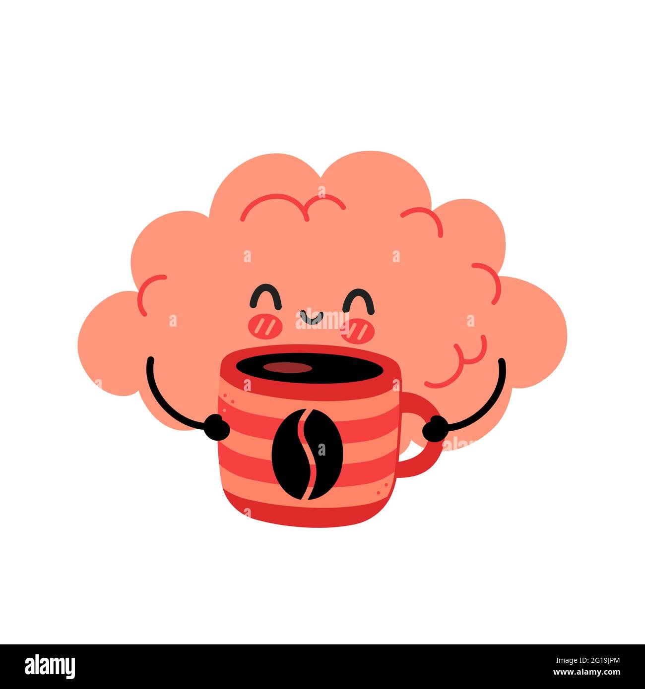 Nette lustige Gehirn trinken Kaffee aus Tasse. Vektor Hand gezeichnet Cartoon kawaii Charakter Illustration Symbol. Isoliert auf weißem Hintergrund. Kaffee oder Tee Tasse, Tasse, Gehirn Organ Charakter Konzept Stock Vektor